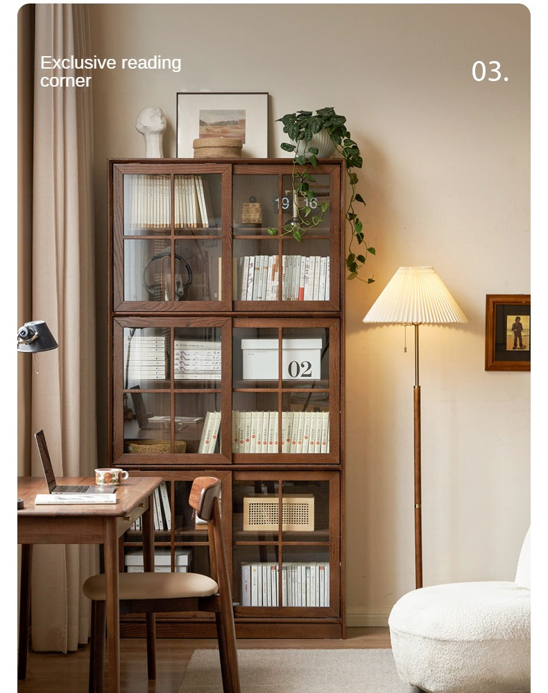 Solid Oak Wood Sliding Door Bookcase - Rustic Bookshelf for Living Room, Bedroom, or Home Office Storage