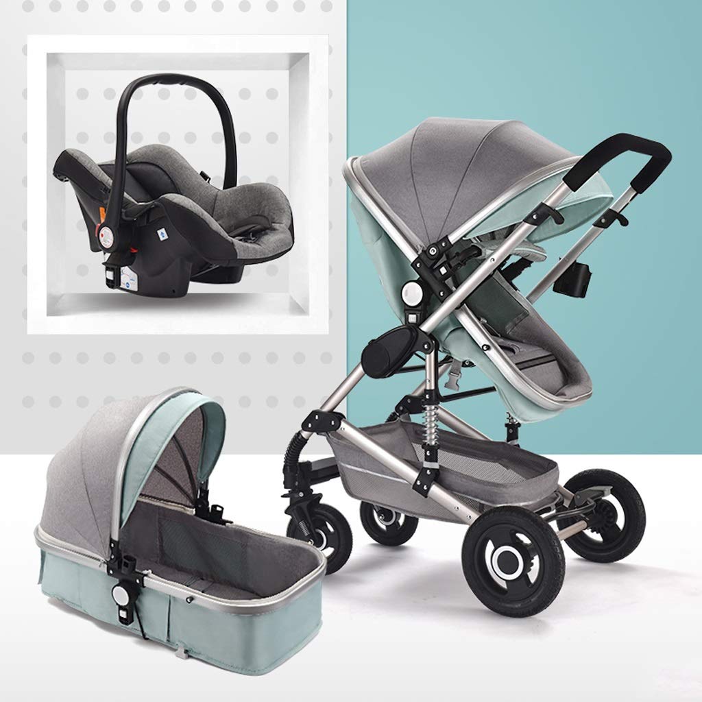 3 in 1 Foldable Luxury Baby Stroller with Anti-Shock Springs & High View Pram - Includes Removable Baby Basket (Green) | Perfect for Newborns, Toddlers & Travel - Ideal for Shopping, Park Walks & Family Outings