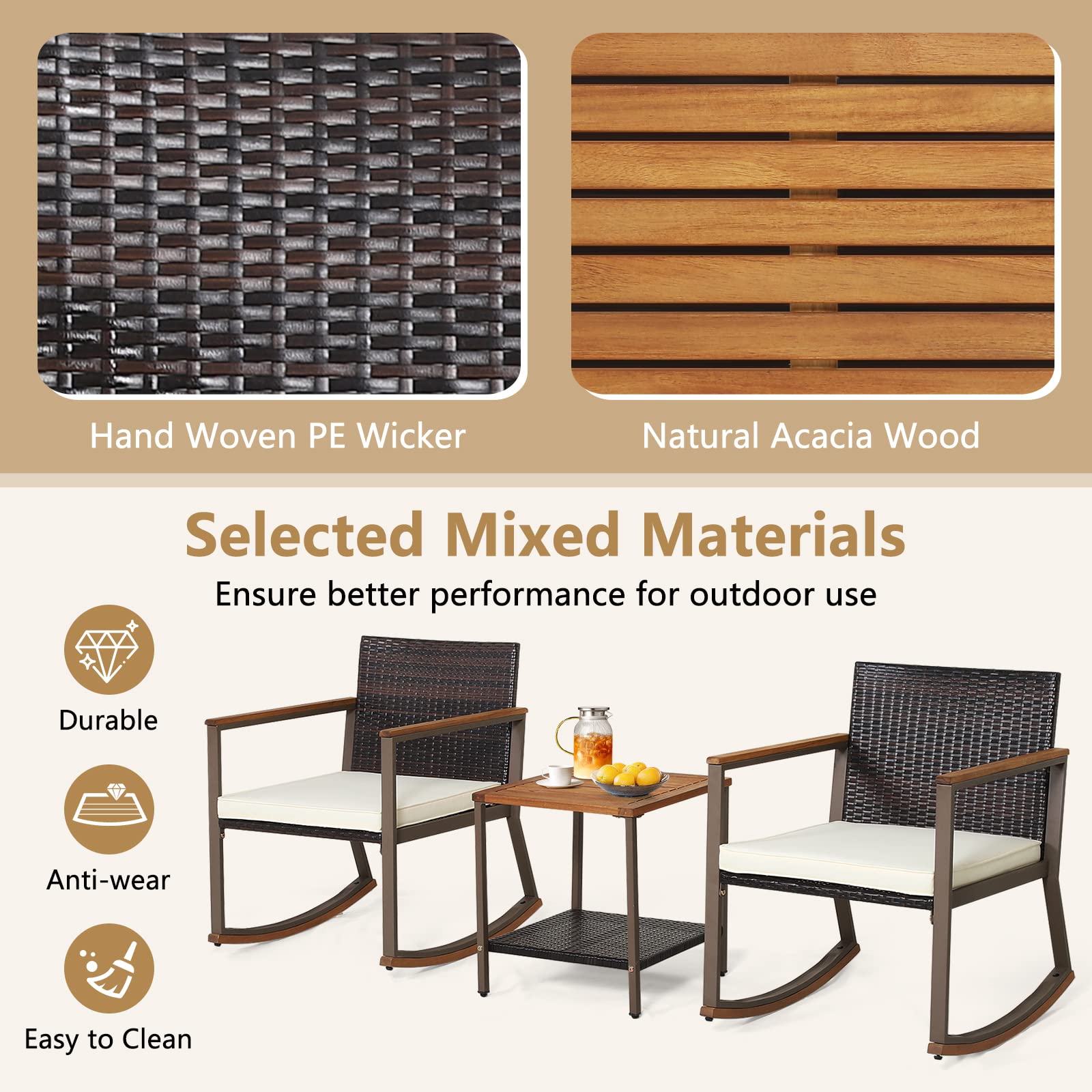 Tangkula 3-Piece Outdoor Rocking Bistro Set with Coffee Table & Cushions - Patio Rattan Furniture for Balcony, Porch, Poolside - Perfect for Relaxing, Entertaining & Outdoor Dining (Off White)