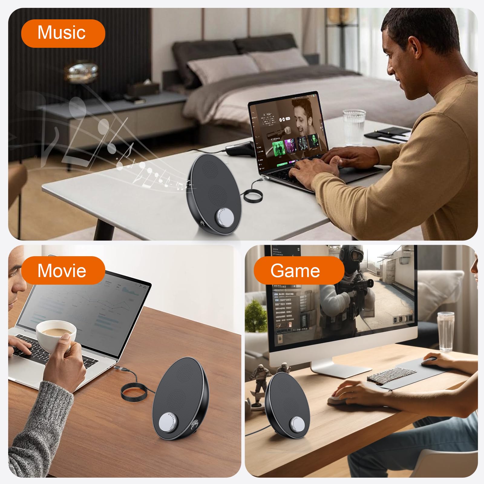 Portable Bluetooth Computer Speakers for Desktop PC & Laptop - USB Plug-N-Play External Speakers with Easy-Access Volume Knob & Clear Sound for Windows/macOS/ChromeOS/Linux - Ideal for Home Office, Gaming & Multimedia