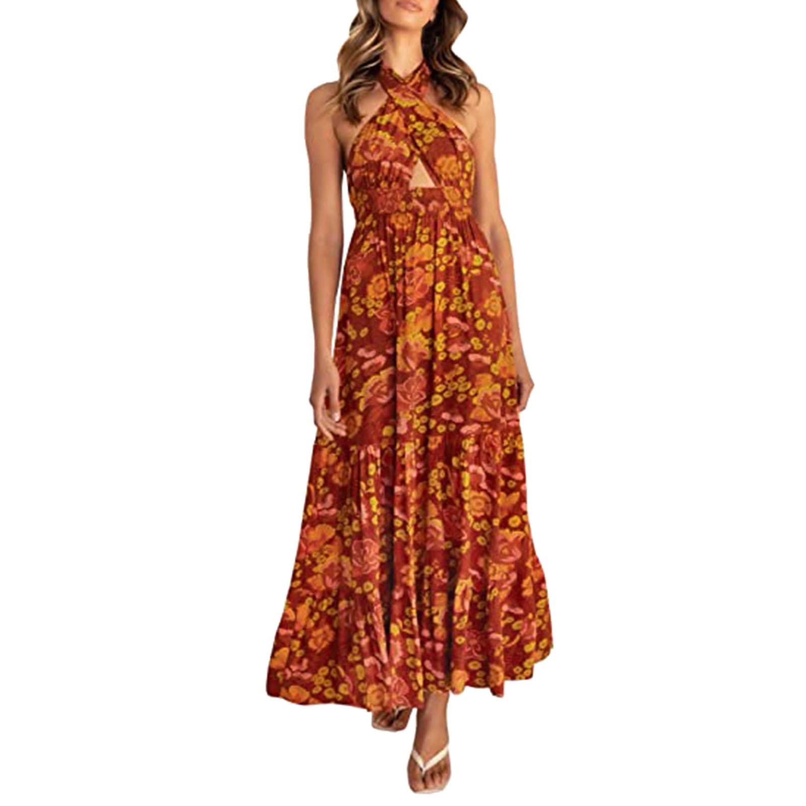Women's Floral Cut-Out Backless Halter Neck Sleeveless Maxi Dress - A-Line Flowy Rayon Summer Dress for Beach Vacation, Pool Party & Date Night