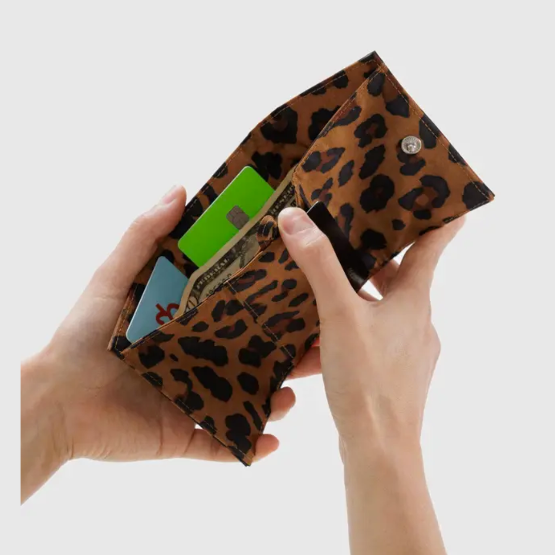 BAGGU Leopard Print Recycled Nylon Snap Wallet - Slim RFID Blocking Card Holder for Women & Men, Perfect for Travel, Everyday Use & Minimalist Lifestyle