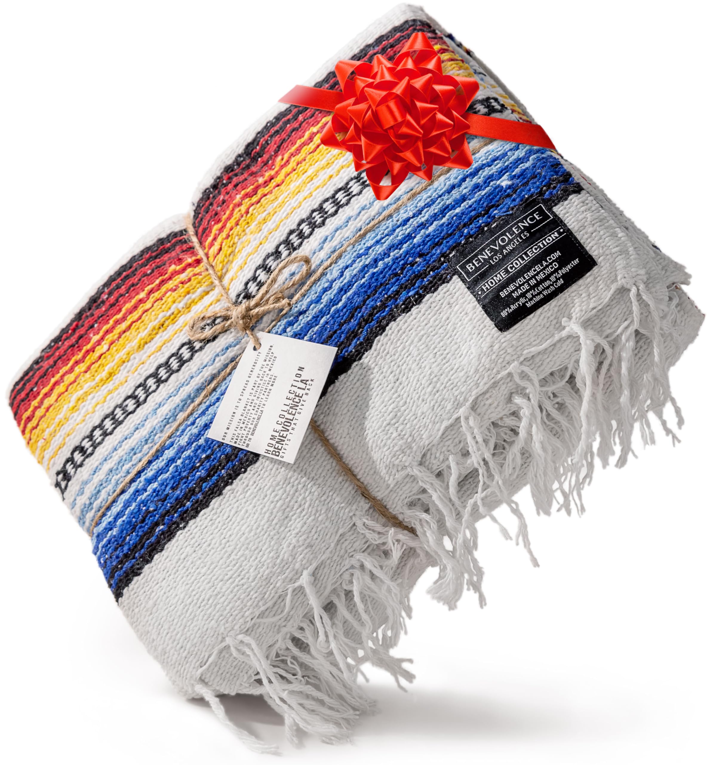 Authentic Handwoven Mexican Falsa Blanket by Benevolence LA - Traditional Artisan Crafted Outdoor Blanket for Camping, Beach, Picnic & Car Use - Soft & Durable (White) | Perfect for Backyard Lounging, Festival Essentials and Cozy Home Decor