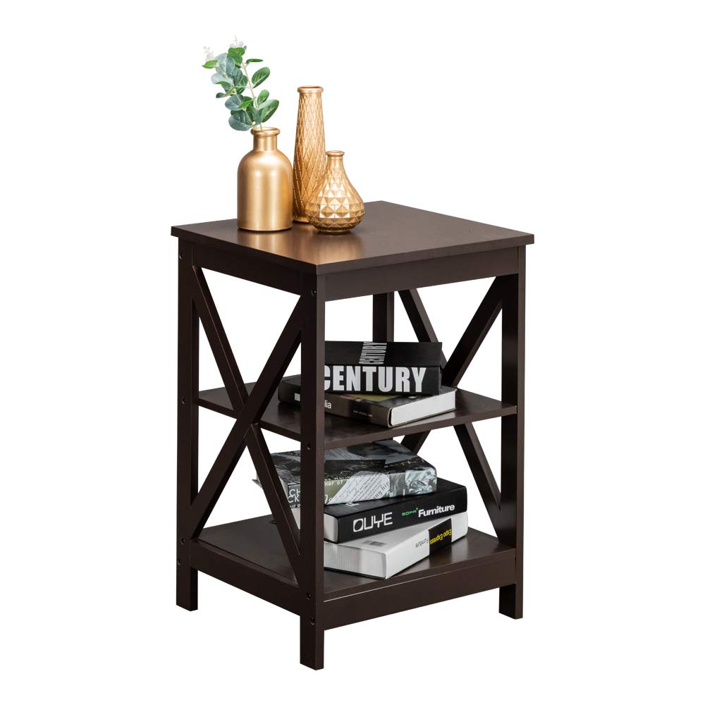 3-Tier Wooden X-Design Side Table - Sofa End Table, Bedside Nightstand with Shelf for Living Room, Bedroom & Office - Home Furniture Organizer & Display Unit