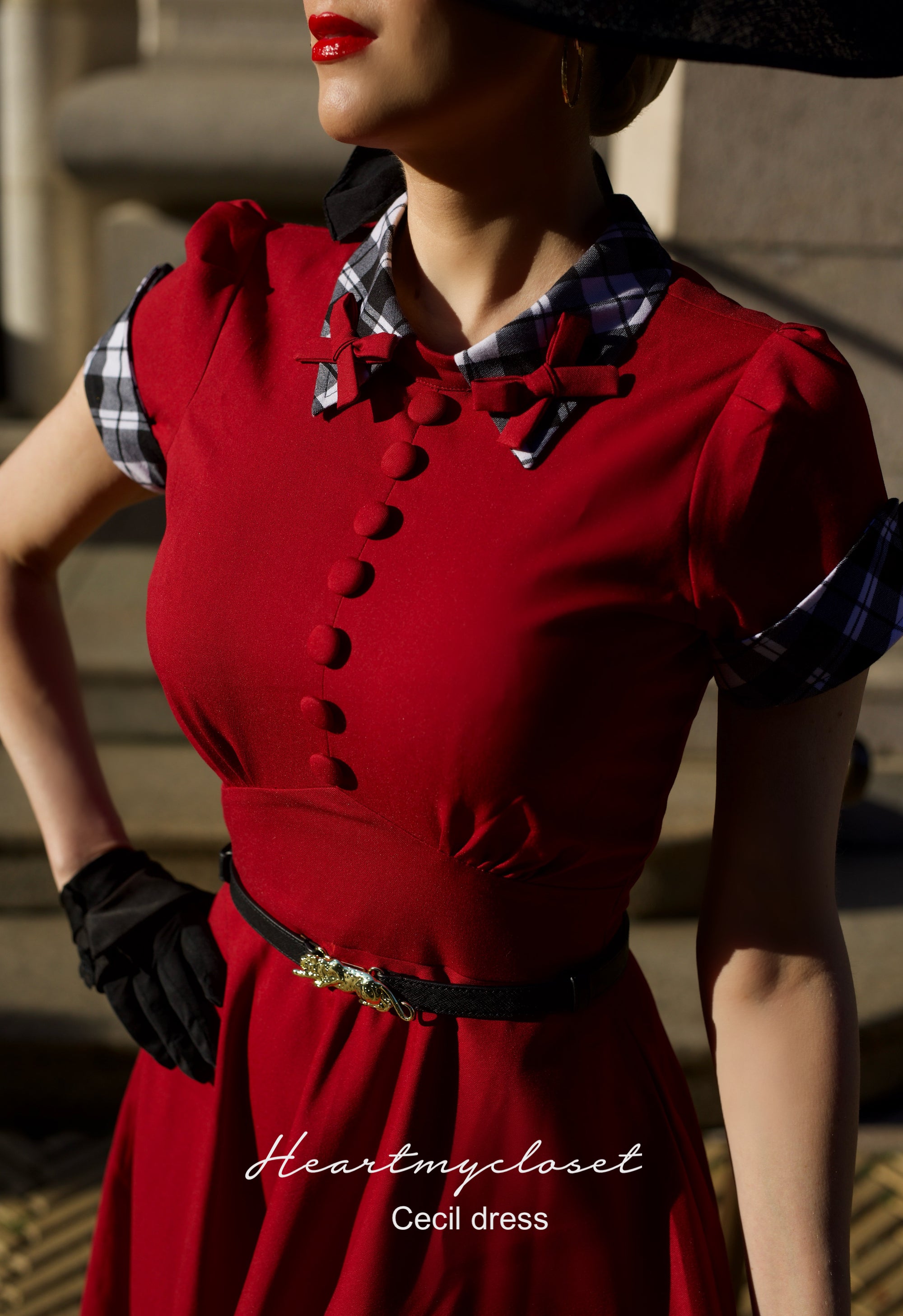Elegant Red Bow Checkered Dress with Belt - Perfect for Parties, Weddings & Special Occasions