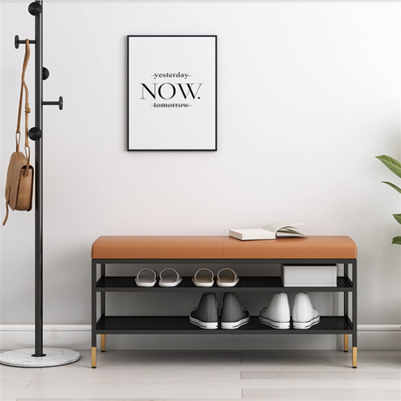 3-Tier Shoe Storage Bench with Leather Seat - 100cm Entryway Organizer for Foyer, Bedroom & Living Room | Durable Metal Shoe Rack Bench | Perfect for Small Spaces & Home Organization (Orange)