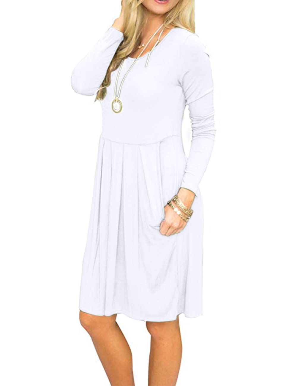 AUSELILY Women's Long Sleeve Pleated Swing Dress with Pockets - Knee Length Casual Loose Dress for Everyday Wear | Perfect for Office, Date Night & Fall Outfits 2025 New