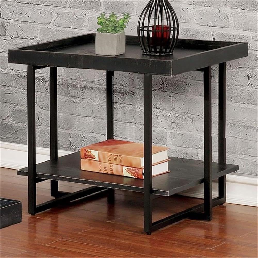 Black Industrial Wood 1-Shelf End Table Set of 2 - Modern Side Table for Living Room, Bedroom & Office - Sturdy Home Square Prakers Furniture for Small Spaces