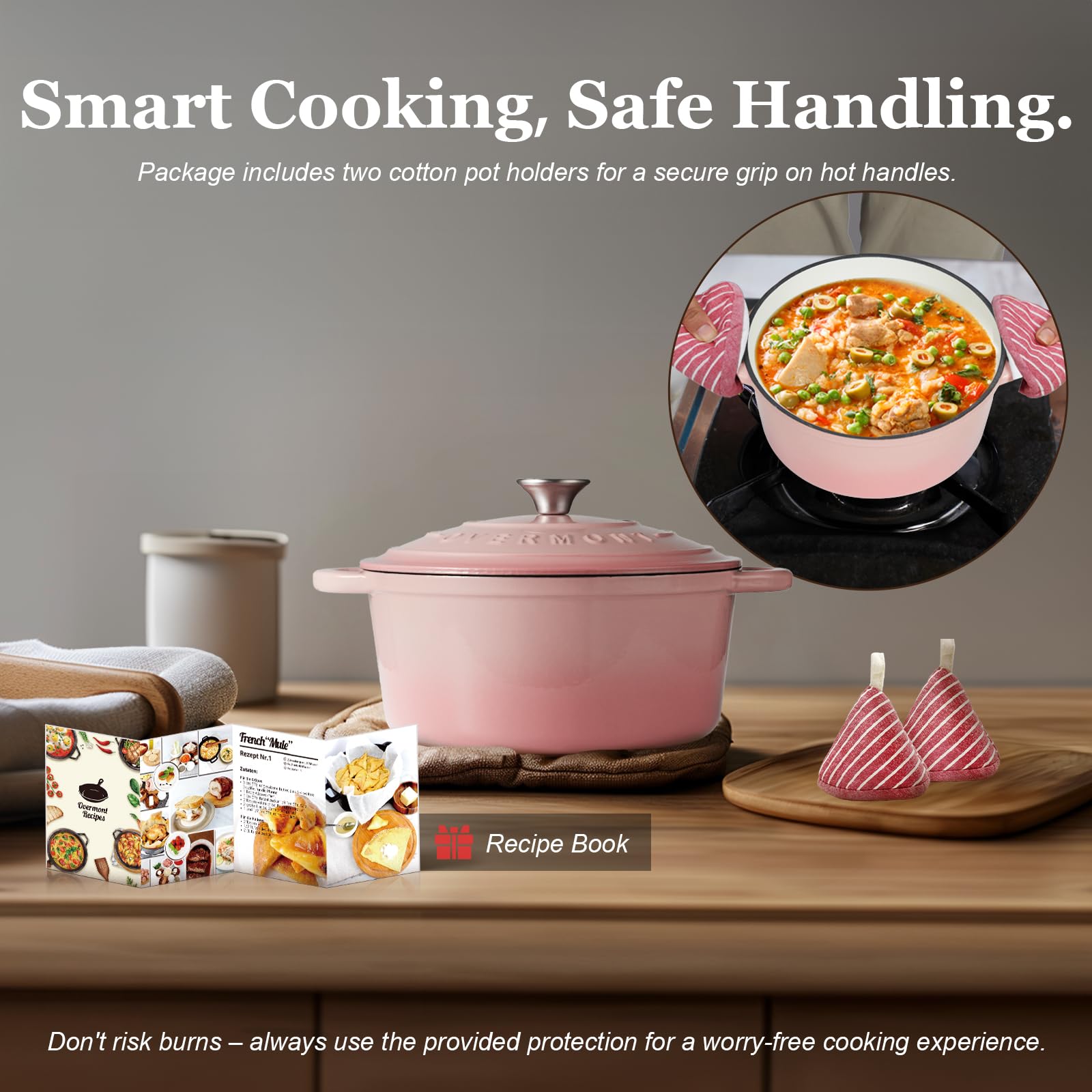 Overmont 5.5QT Enameled Cast Iron Dutch Oven with Lid - Heavy Duty Cookware for Braising, Stewing, Roasting & Bread Baking - Includes Free Cookbook & Cotton Potholders - Perfect for Kitchen, Camping & Outdoor Cooking (Pink)