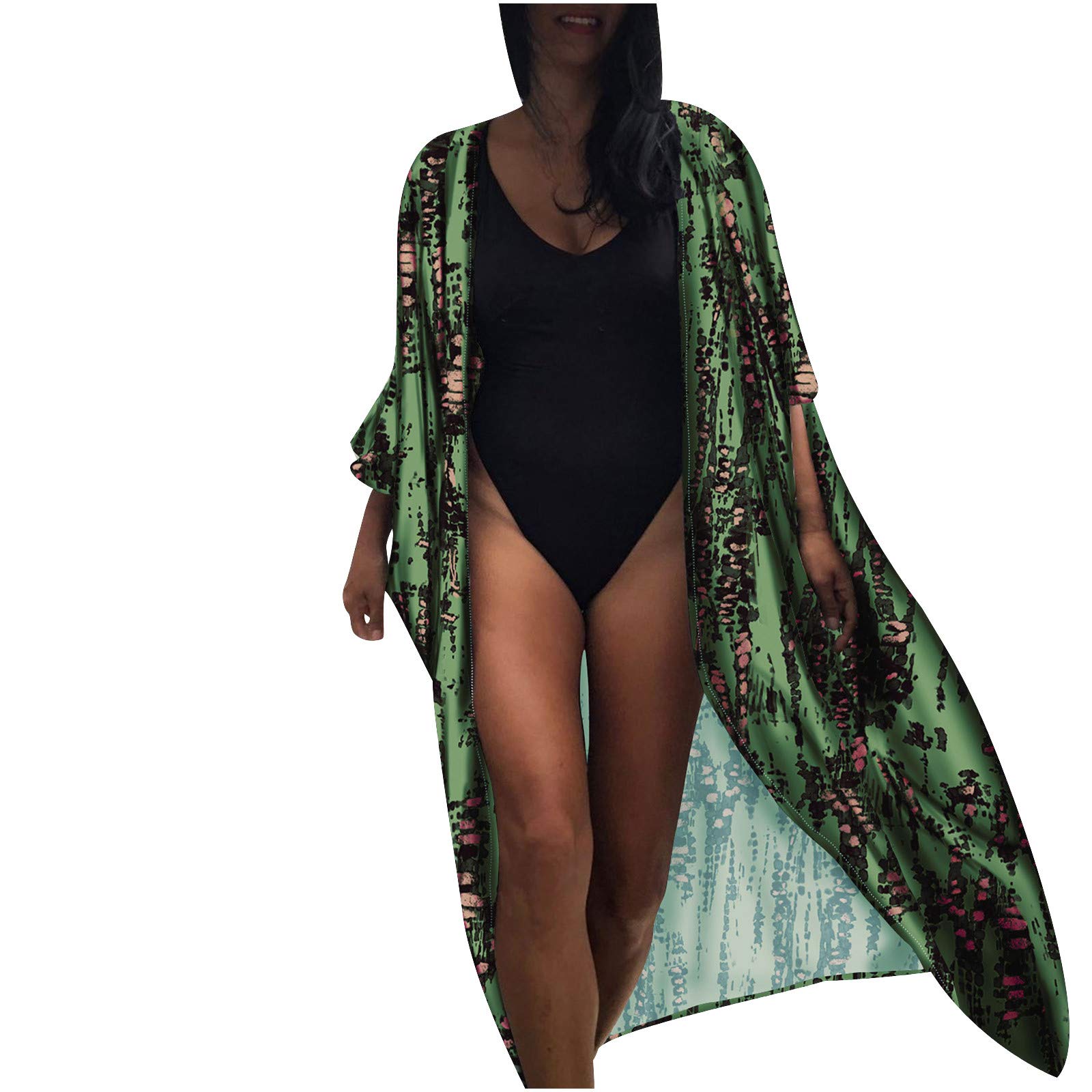 Women's Floral Print Chiffon Beach Kimono Cover Up - Long Sleeve Lightweight Cardigan Blouse Shawl for Summer Vacation, Pool Party, and Boho Outfit