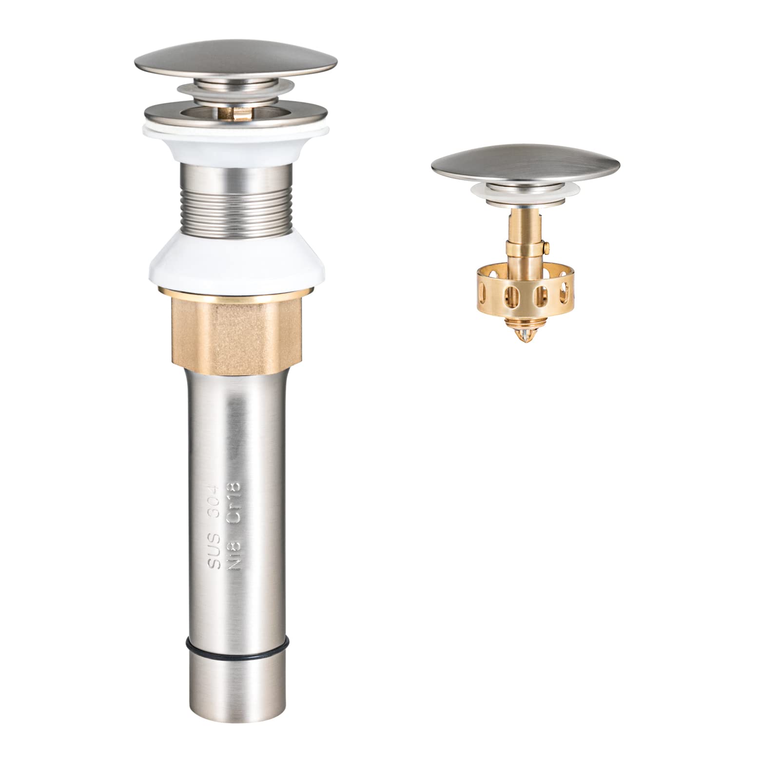 Brushed Nickel Bathroom Sink Drain Pop Up Stopper - Brass Strainer Basket, Anti-Clogging & Anti-Explosion Design for Bathroom Vanity or Utility Sink (No Overflow)