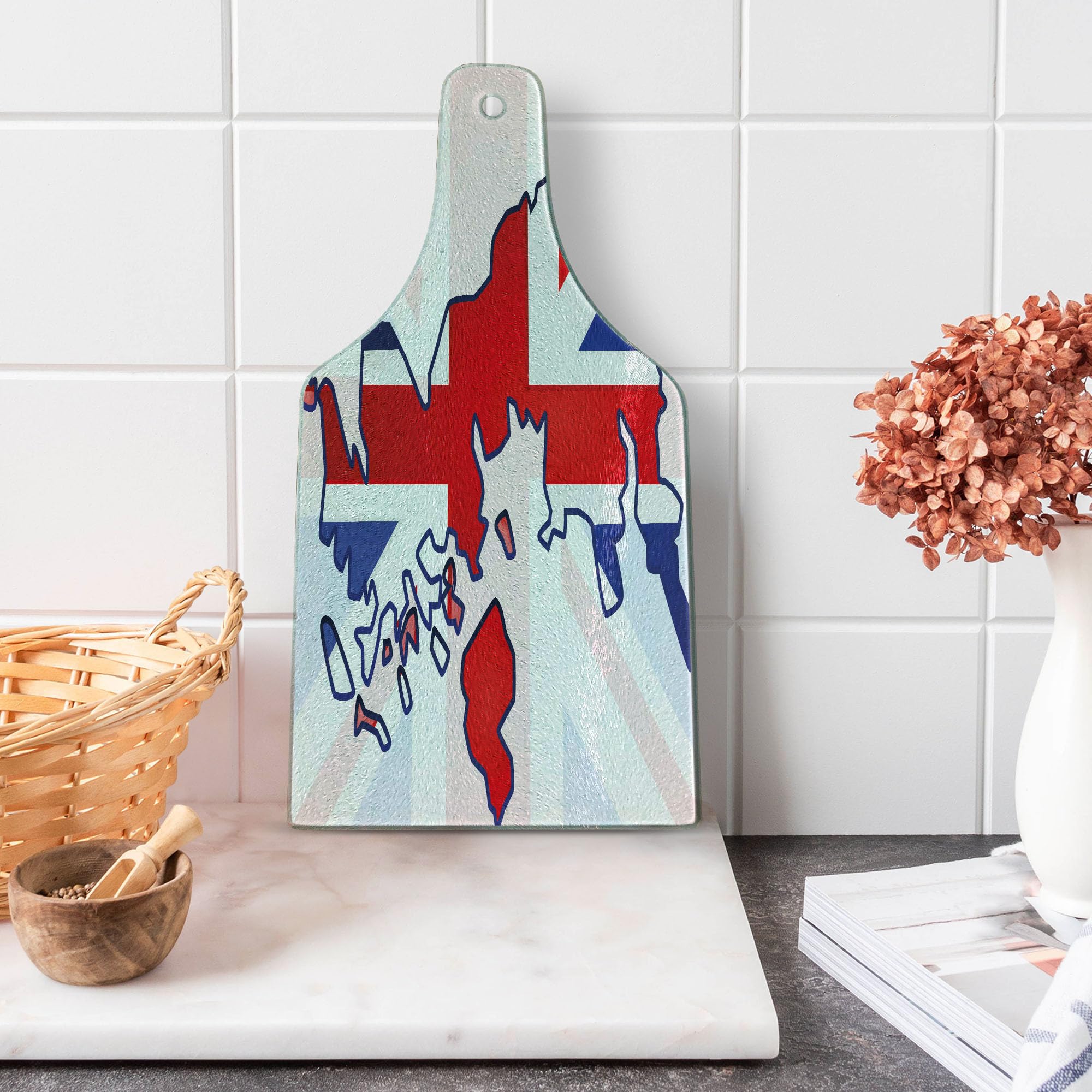 Ambesonne Union Jack Cutting Board - Faded UK Flag & Country Map Design - Tempered Glass Serving Board for Kitchen & Dining - Wine Bottle Shape in Violet, Blue, Red & White - Perfect for Entertaining, Charcuterie & Cheese Platters
