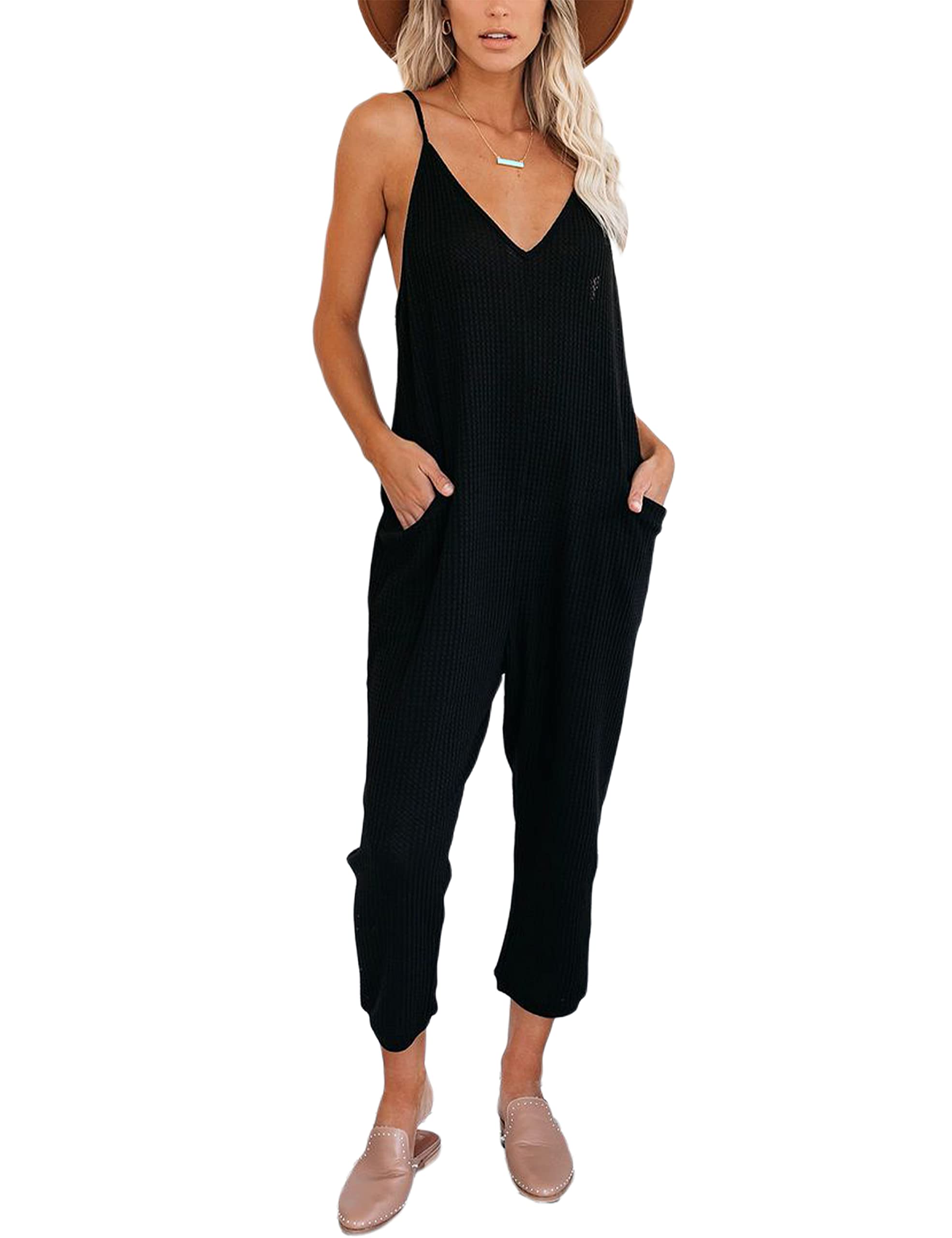 Springrain Women's Summer Cotton Blend Waffle Knit Pocketed Jumpsuit - Comfortable Casual Romper for Beach, Vacation & Everyday Wear