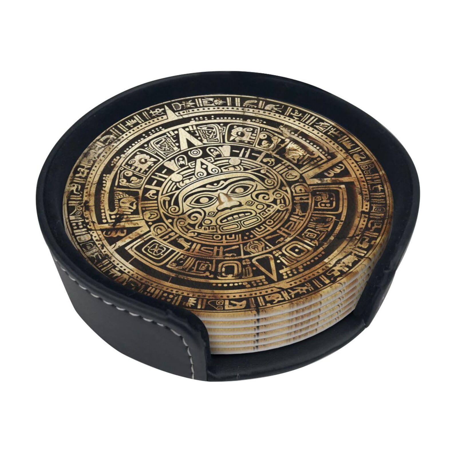 Aztec Calendar Mayan Coasters Set of 6 with Holder - Leather Drink Coasters for Cups & Mugs - Round Table Mat Pads for Home, Kitchen & Office Decor