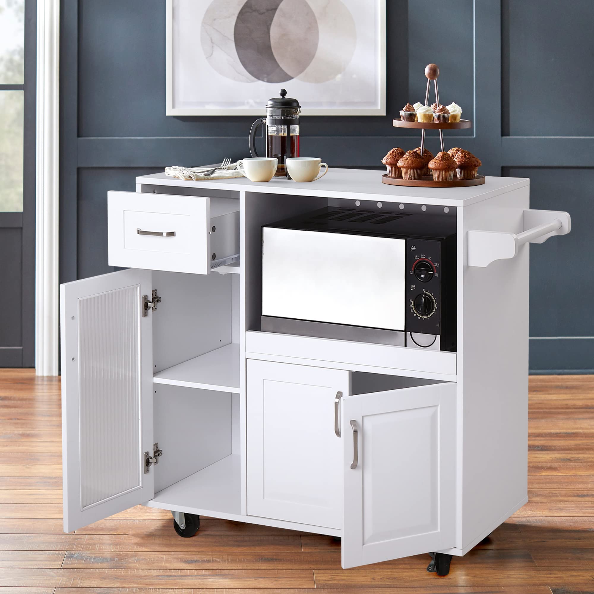 PHI VILLA White Microwave Stand Cart with Wheels - Mobile Kitchen Island with Microwave Shelf & Storage - Perfect for Small Kitchens, Apartments, and Dorm Rooms