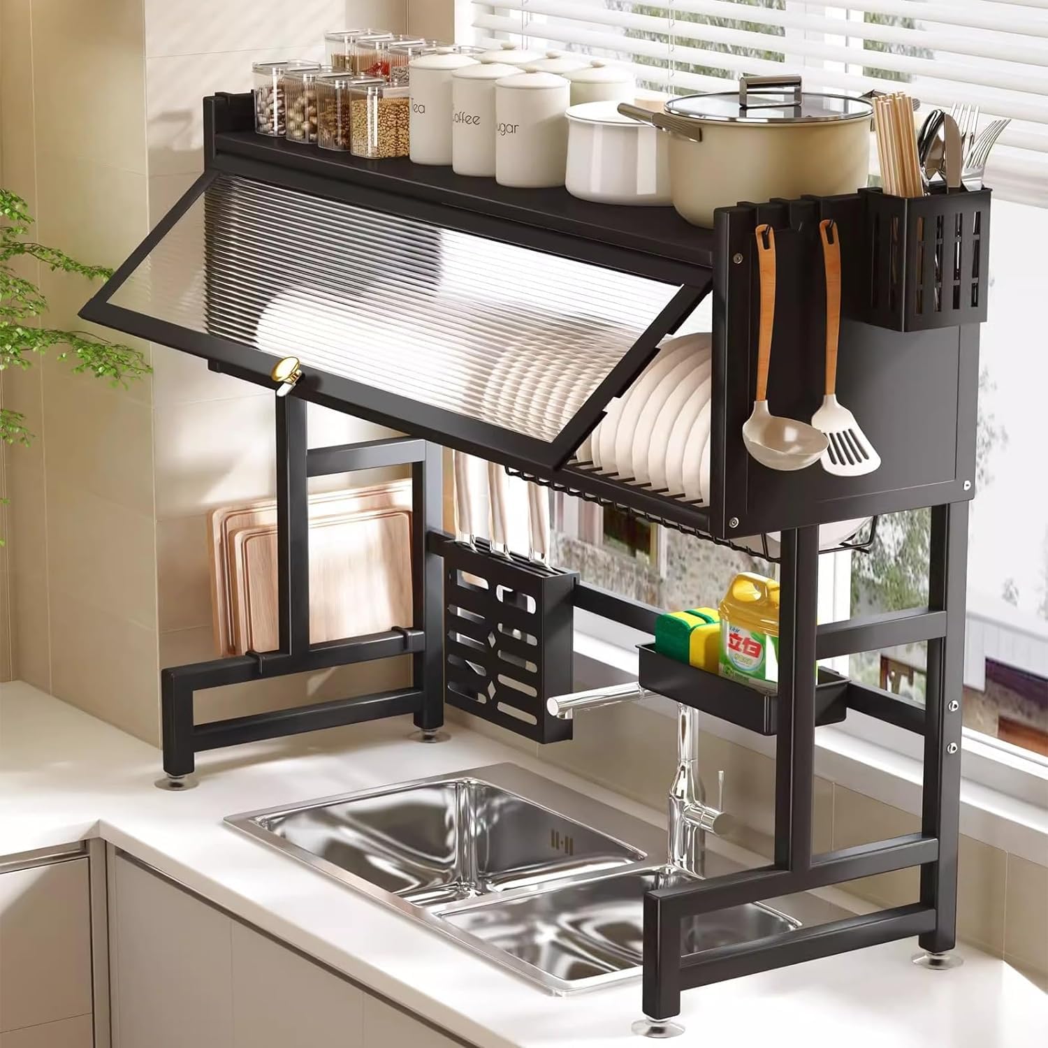 Stainless Steel Over The Sink Dish Drying Rack - Large Adjustable Kitchen Counter Dish Drainer (85x30x80cm) Black - Space Saving Drying Rack for Dishes, Cups & Utensils - Perfect for Small Kitchens & Apartments