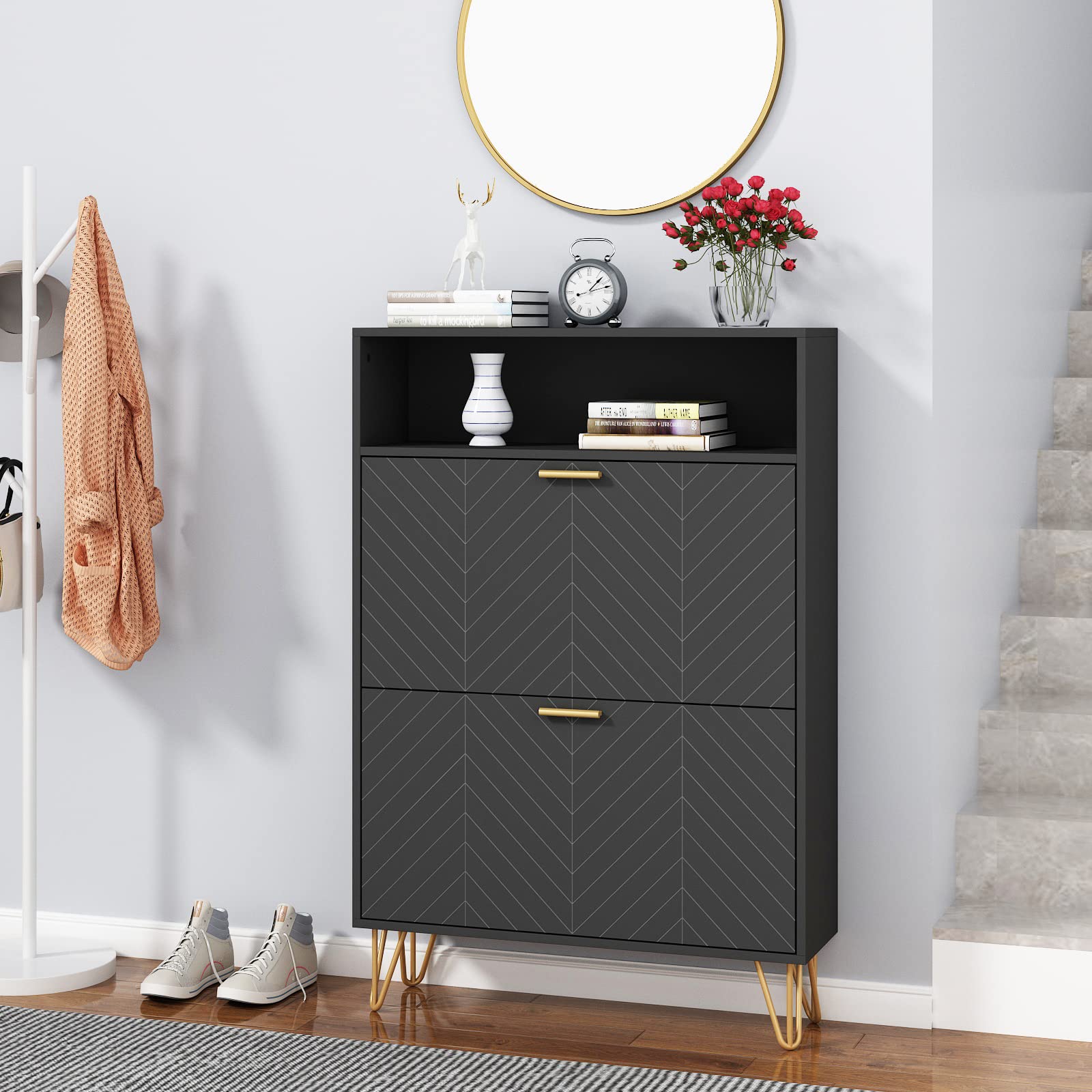Modern Tipping Bucket Shoe Storage Cabinet with 2 Flip Drawers - Space Saving Entryway Shoe Rack with Storage Top Cubby, Narrow Slim Hidden Organizer with Doors - Freestanding Shoe Cabinet for Small Spaces (Black) | Perfect for Apartments, Hallways & Closet Organization