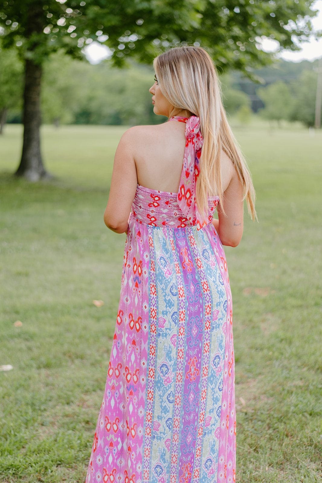 Aztec Print Halter Maxi Dress for Women - Bohemian Summer Beach Dress with Side Slits | Perfect for Vacations, Music Festivals & Date Nights