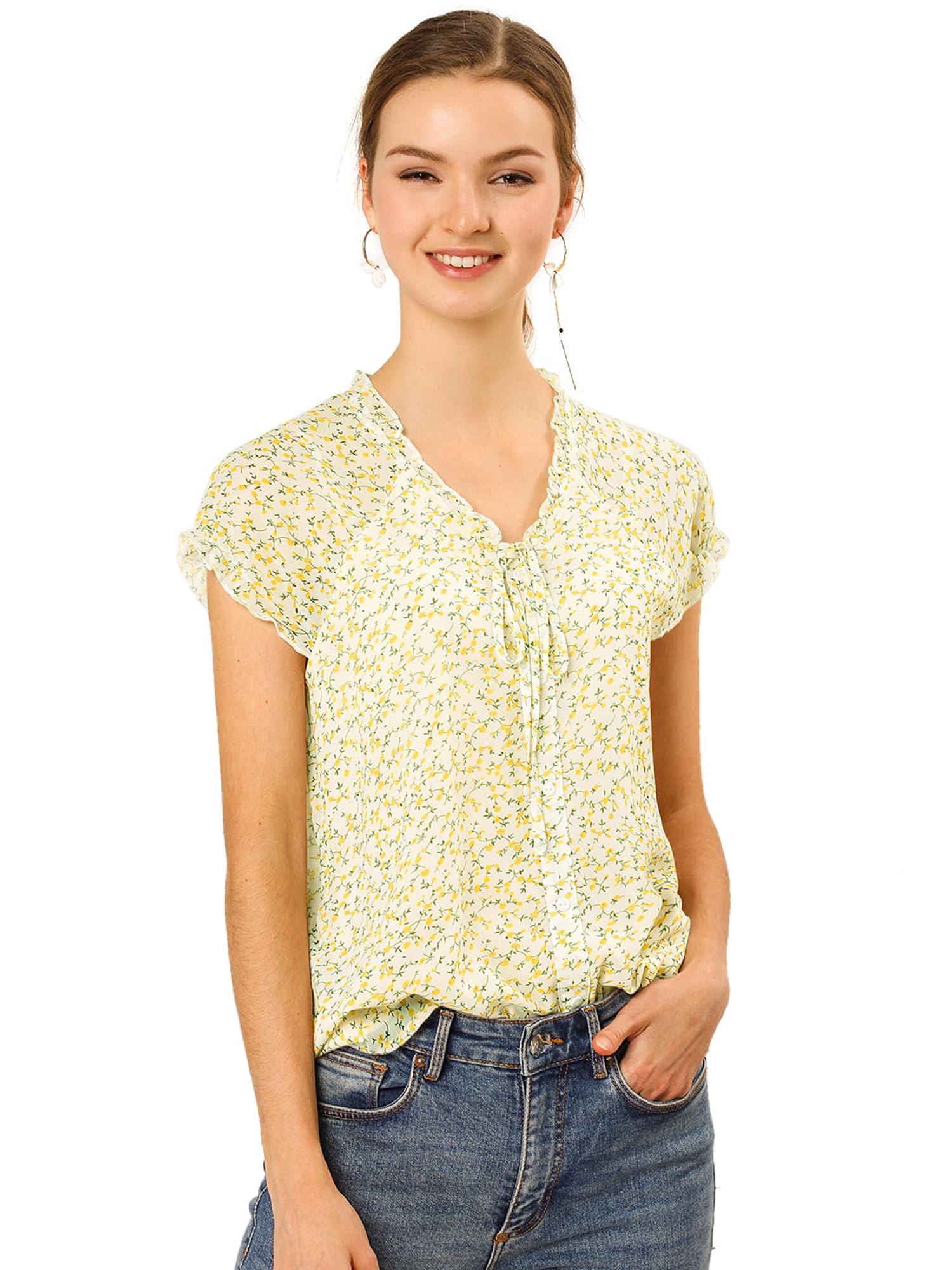 Allegra K Women's Floral Print V-Neck Chiffon Blouse - Short Cap Sleeve Ruffled Summer Top for Casual Wear, Office & Date Night Outfits | 2025 Trendy Floral Shirt