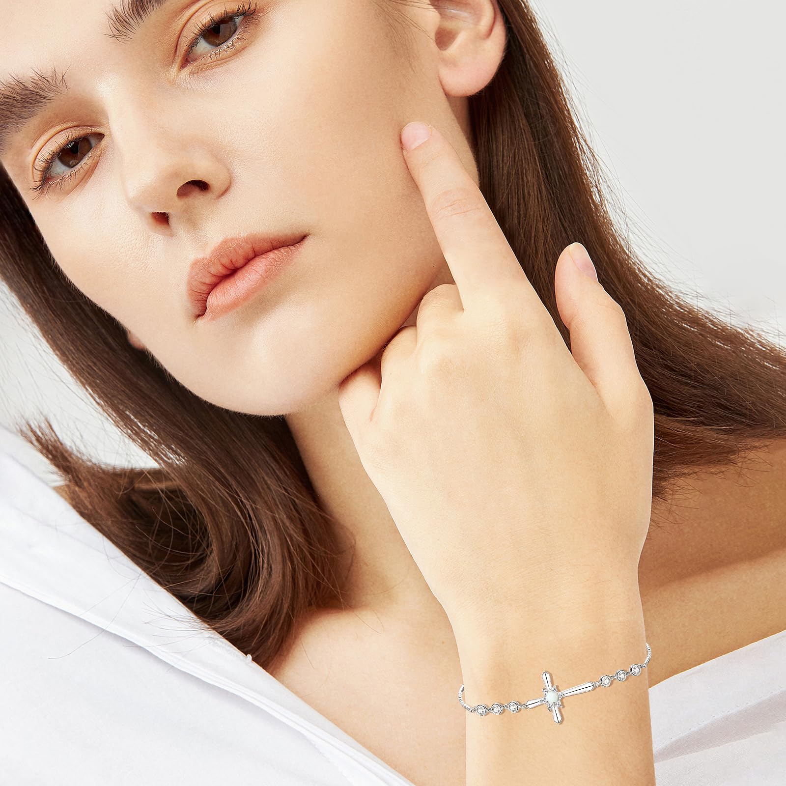 FANCIME 925 Sterling Silver Halo Birthstone Bracelet for Women - Elegant Cross Charm Bracelet, Fine Jewelry Birthday Gift for Her - Perfect for Everyday Wear, Special Occasions & Gifts