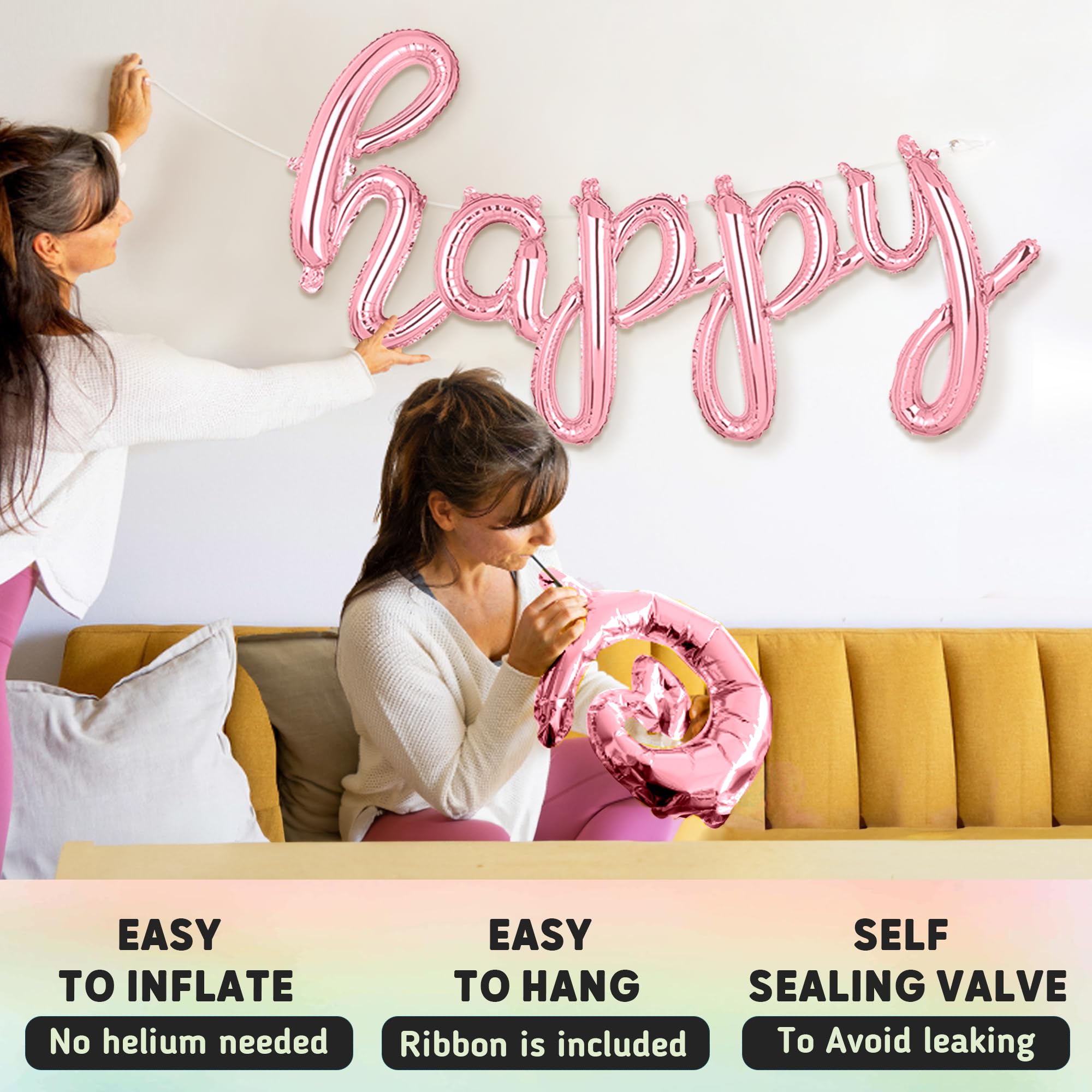 Rose Gold Happy Birthday Balloons Banner - Elegant Script Foil Mylar Letter Balloon Sign for Birthday Party Decorations | Perfect for Baby Showers, Bridal Showers & Anniversary Celebrations