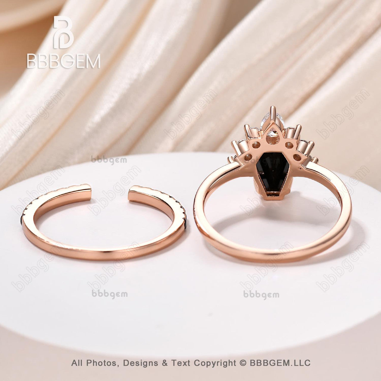 10K Rose Gold Black Onyx Coffin Cut Statement Ring Set for Women - Gothic Natural Onyx Spinel Engagement Ring - Perfect for Weddings, Parties & Gothic Fashion Accessories