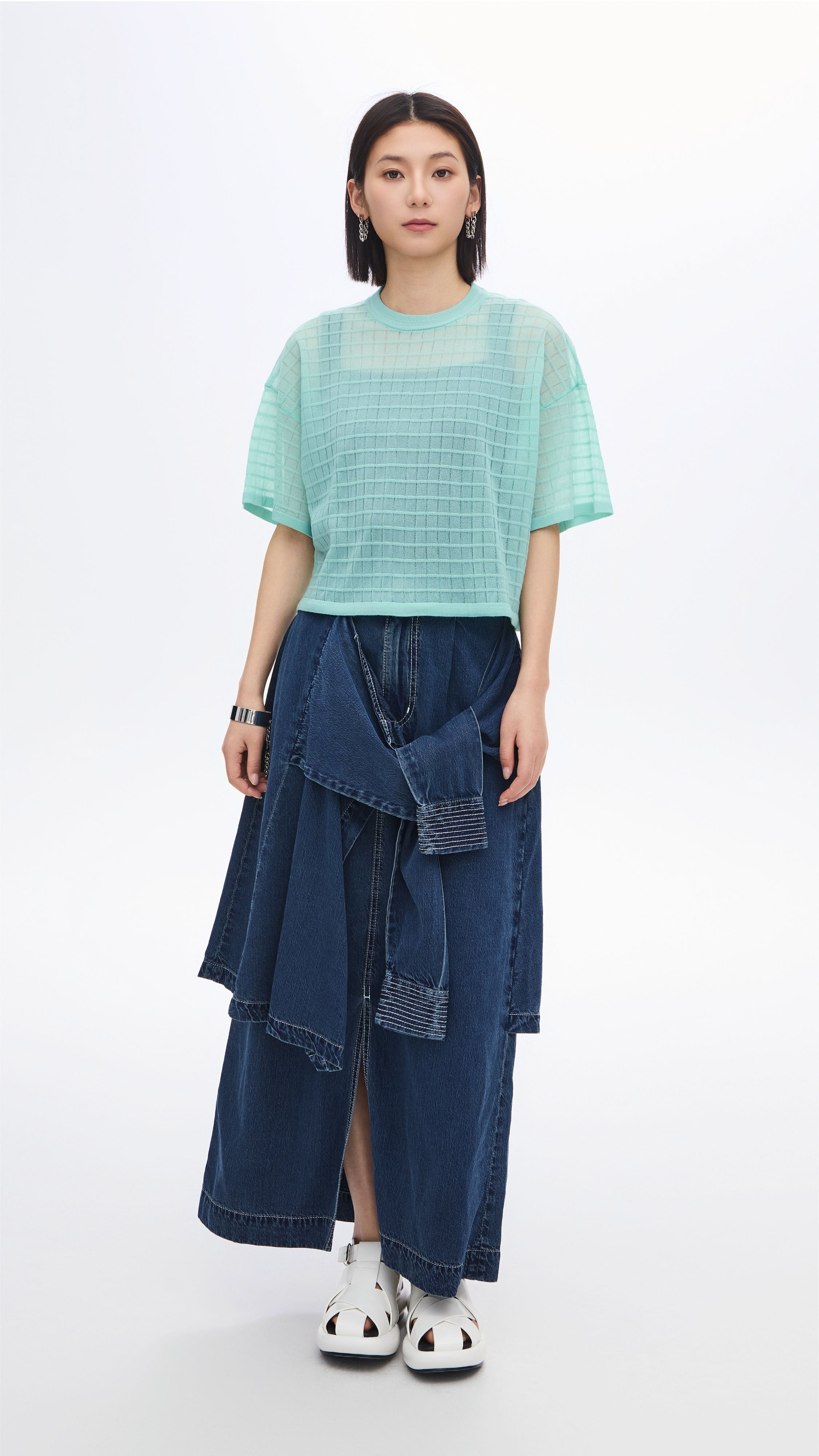Sheer Checker Knit Top for Women - Trendy See-Through Loose Fit Blouse for Casual Outings & Layering
