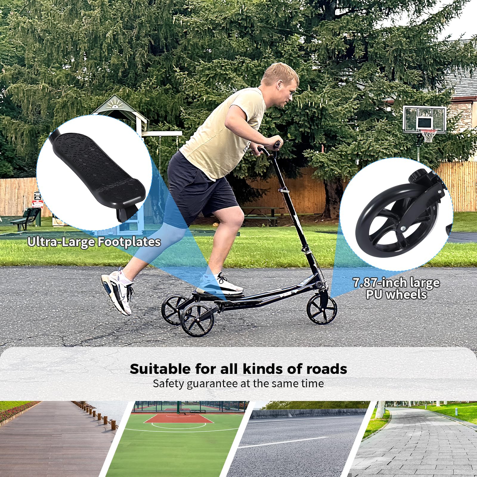 3-Wheel Foldable Swing Scooter Tri Slider Kick Wiggle Scooter with Adjustable Handle - Drifting Push Scooter for Kids, Girls, Boys & Adults Ages 8+ - Perfect for Outdoor Fun, Commuting & Playground Adventures