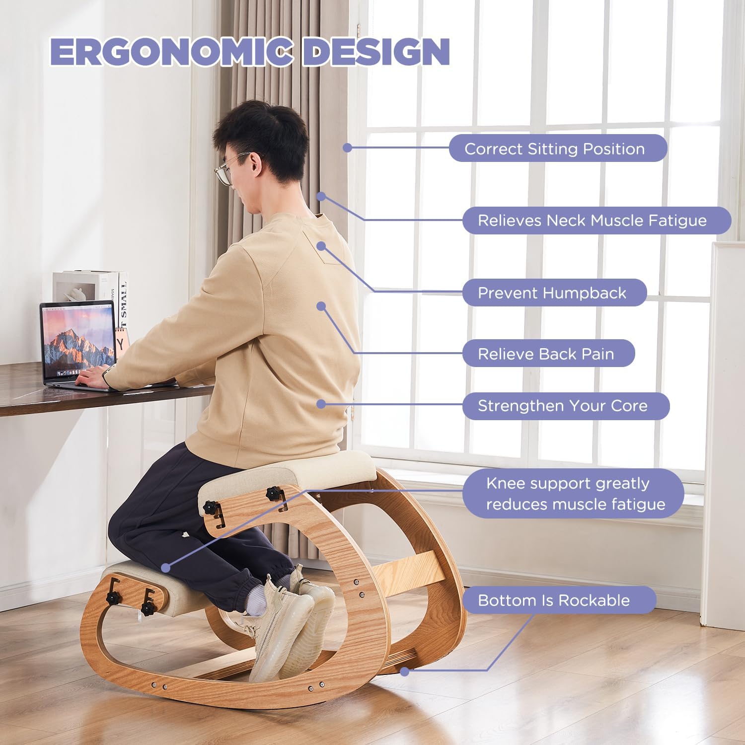 Ergonomic Kneeling Chair - Adjustable Rocking Office Chair for Back Pain Relief, Wooden Home Office Chair with Posture Support - Perfect for Work from Home, Meditation & Reading (Beige)