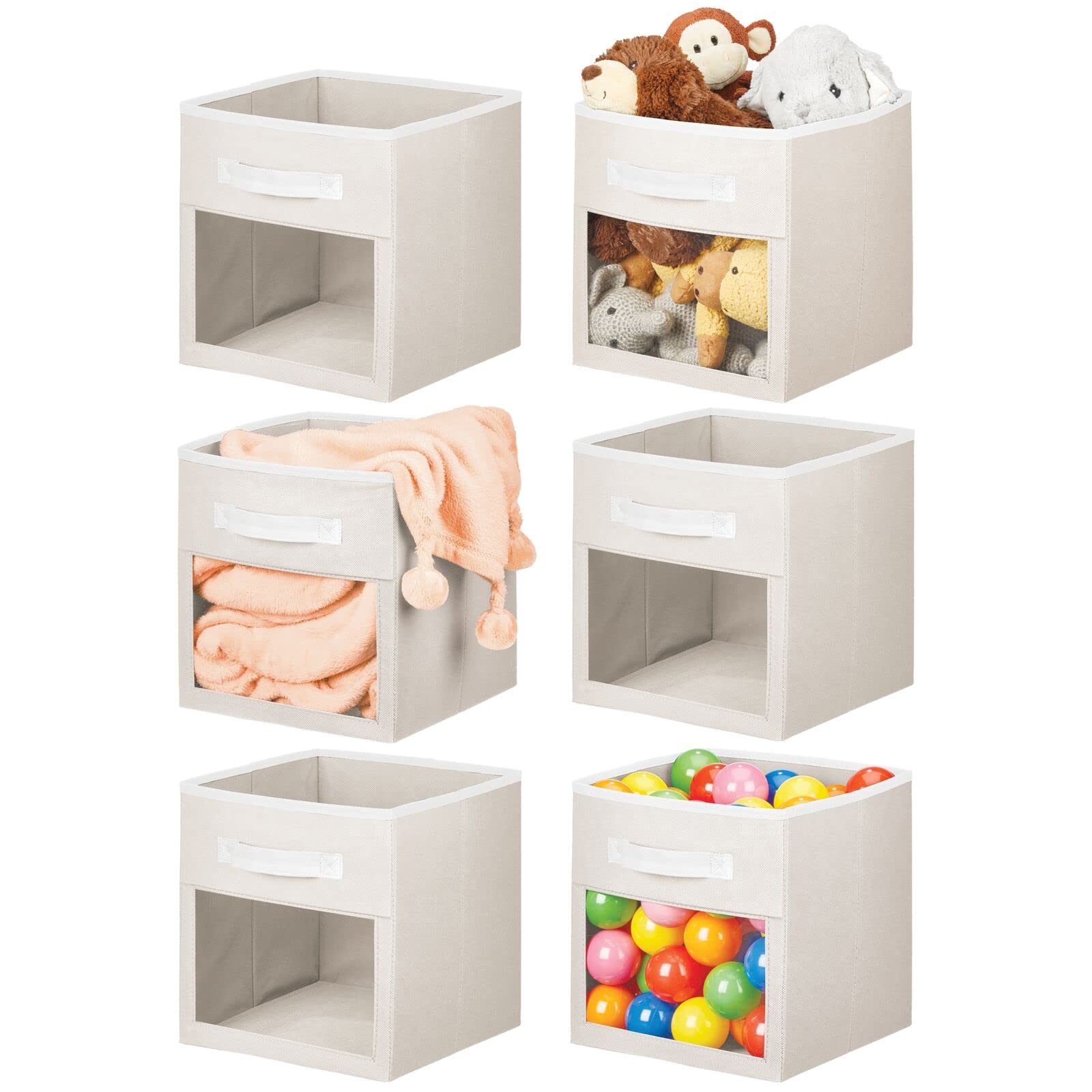 mDesign Fabric Storage Bins 6-Pack - Cream/White | Nursery & Playroom Organizer with Handles & Window | Perfect for Cube Shelves, Toys, Clothes, Diapers & Bibs | Jane Collection | Ideal for Home, Daycare & Kids' Room Organization