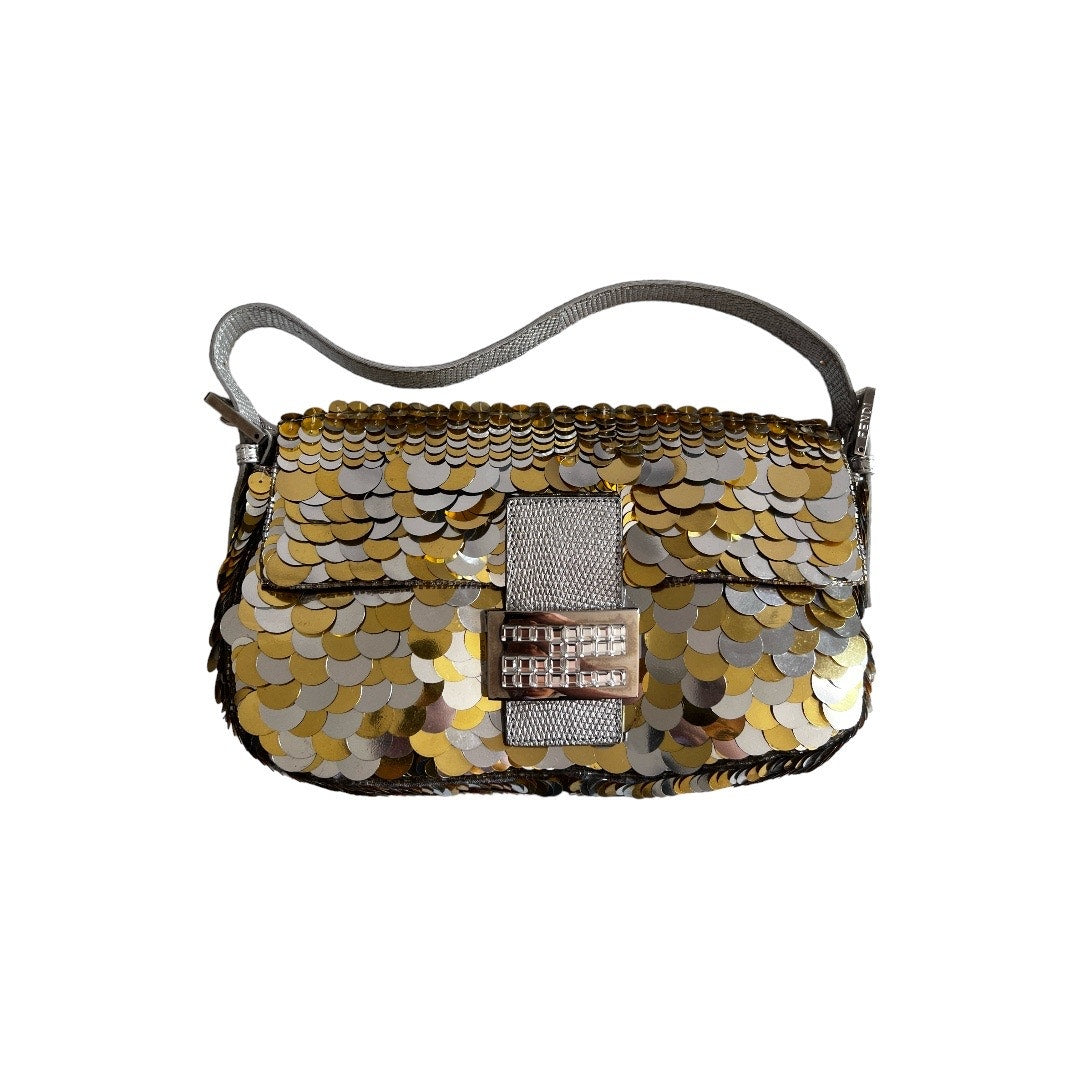 Vintage Fendi Silver & Gold Paillette Baguette Bag - Luxury Evening Clutch for Parties, Weddings & Special Occasions