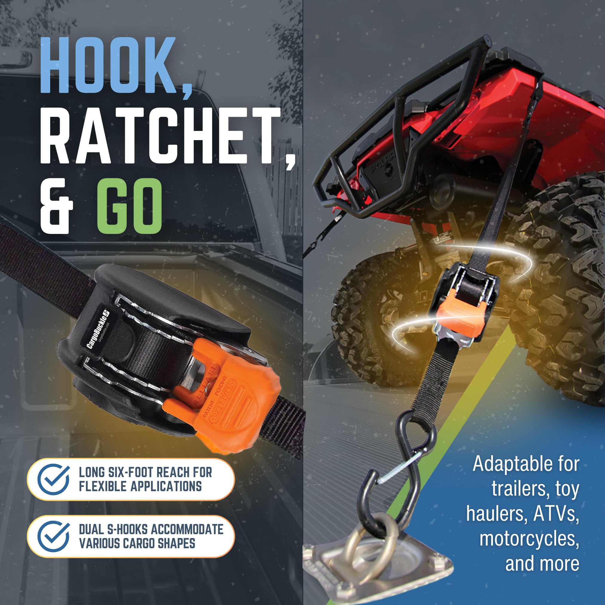 CargoBuckle Mini G3 Retractable Ratchet Straps with Dual S-Hooks - 1400 lbs Break Strength, 1-Inch Width X 6 ft Reach - Heavy Duty Auto Ratchet Straps for Trailers, Toy Haulers, ATVs, Motorcycles - Secure Cargo Transport - 2 Pack