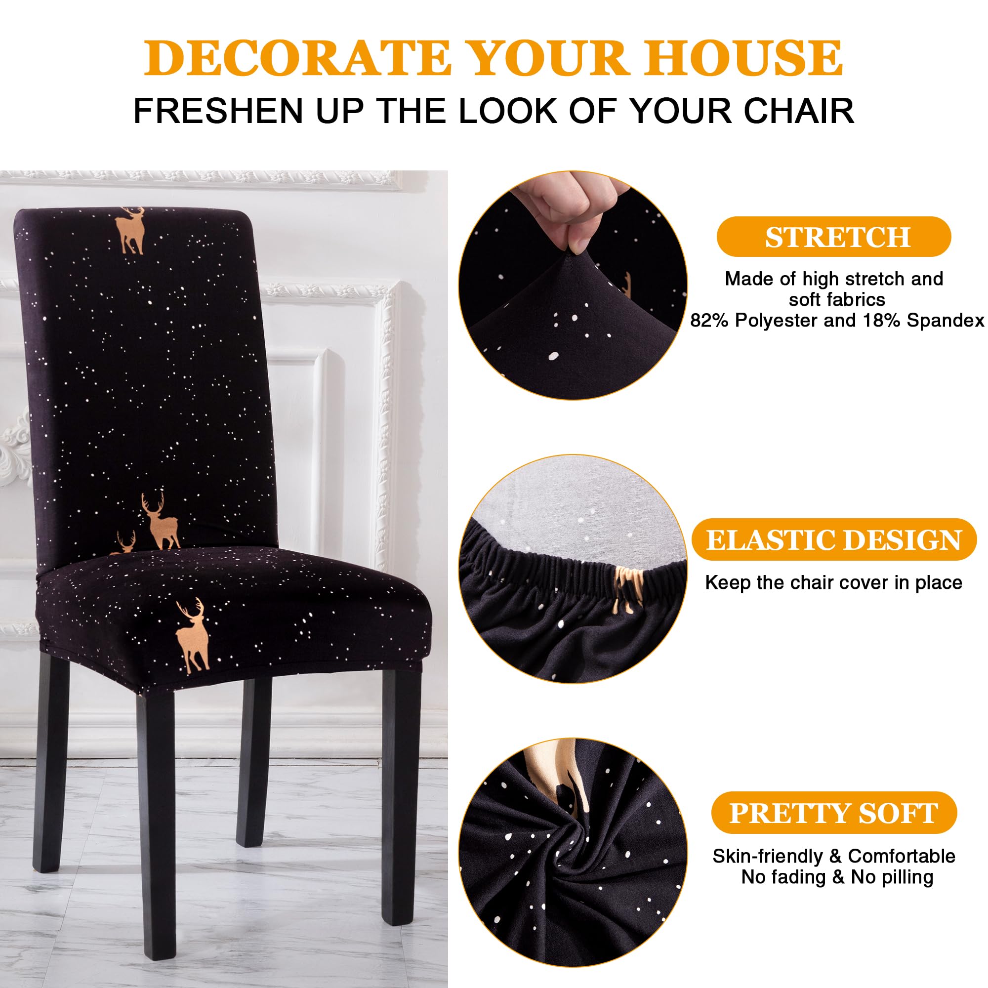 Stretch Spandex Dining Chair Covers Set of 6 - Black Elastic Slipcovers for Kitchen, Parsons & Dining Room Chairs - Washable Chair Protectors for Home, Restaurant & Office Use