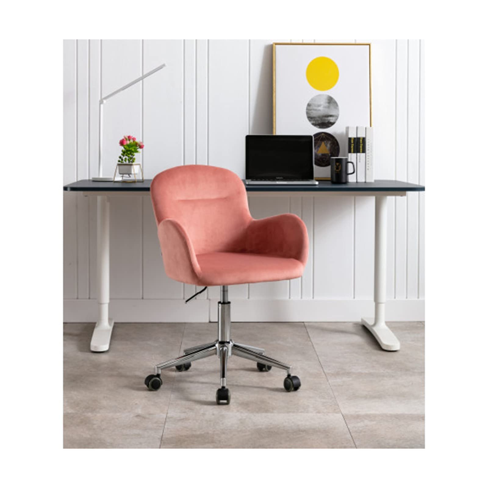 Luxury Velvet Swivel Office Chair - Modern Executive Desk Chair with Armrests for Home Office, Living Room & Workspace - Ergonomic Comfort for Long Hours - Soft Pink Shell Back Design