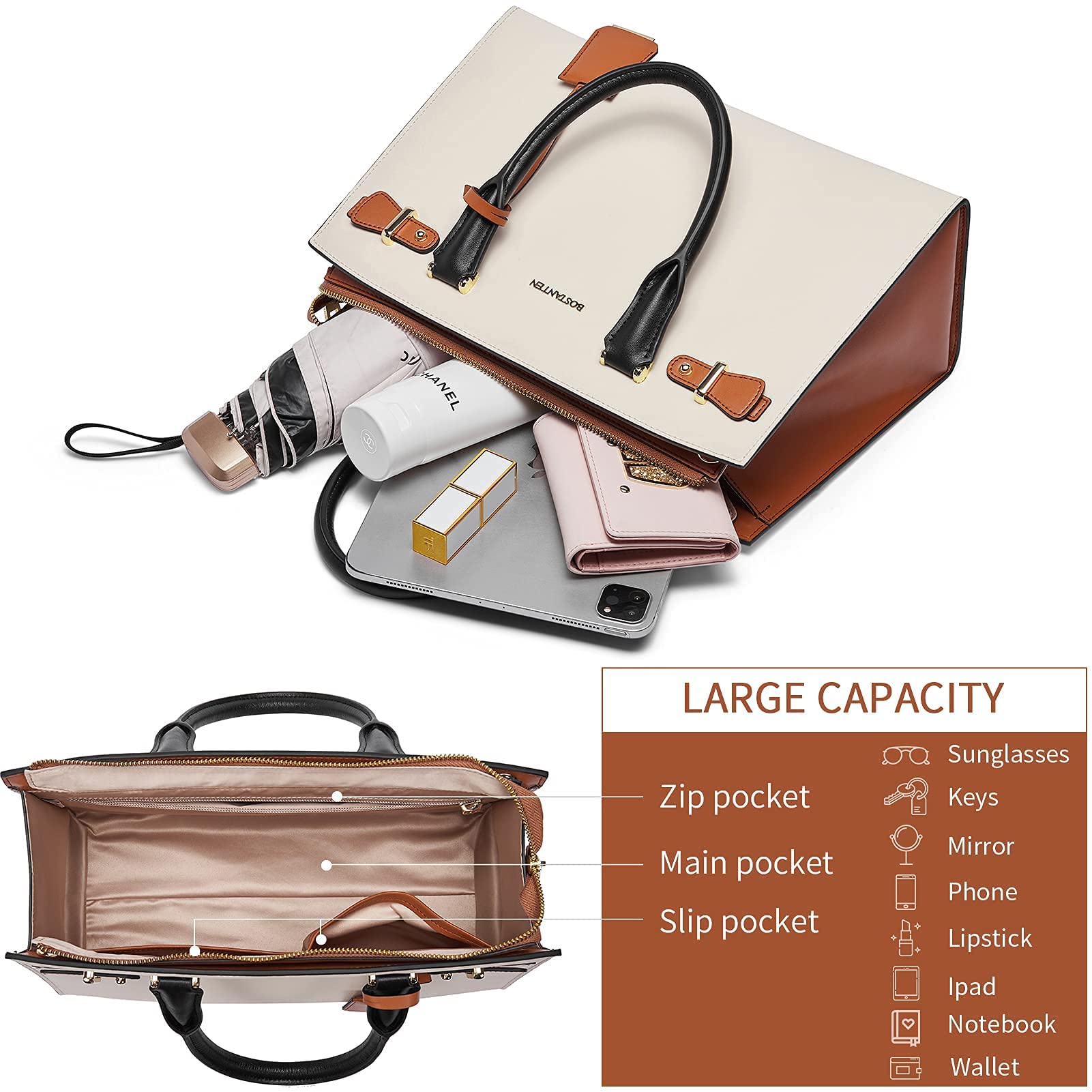 BOSTANTEN Women's Genuine Leather Handbag - Stylish Designer Purse & Tote Bag Bundle with Large Capacity Wallet, Cash Clutch & Zipper Pouch | Perfect for Work, Travel & Everyday Use