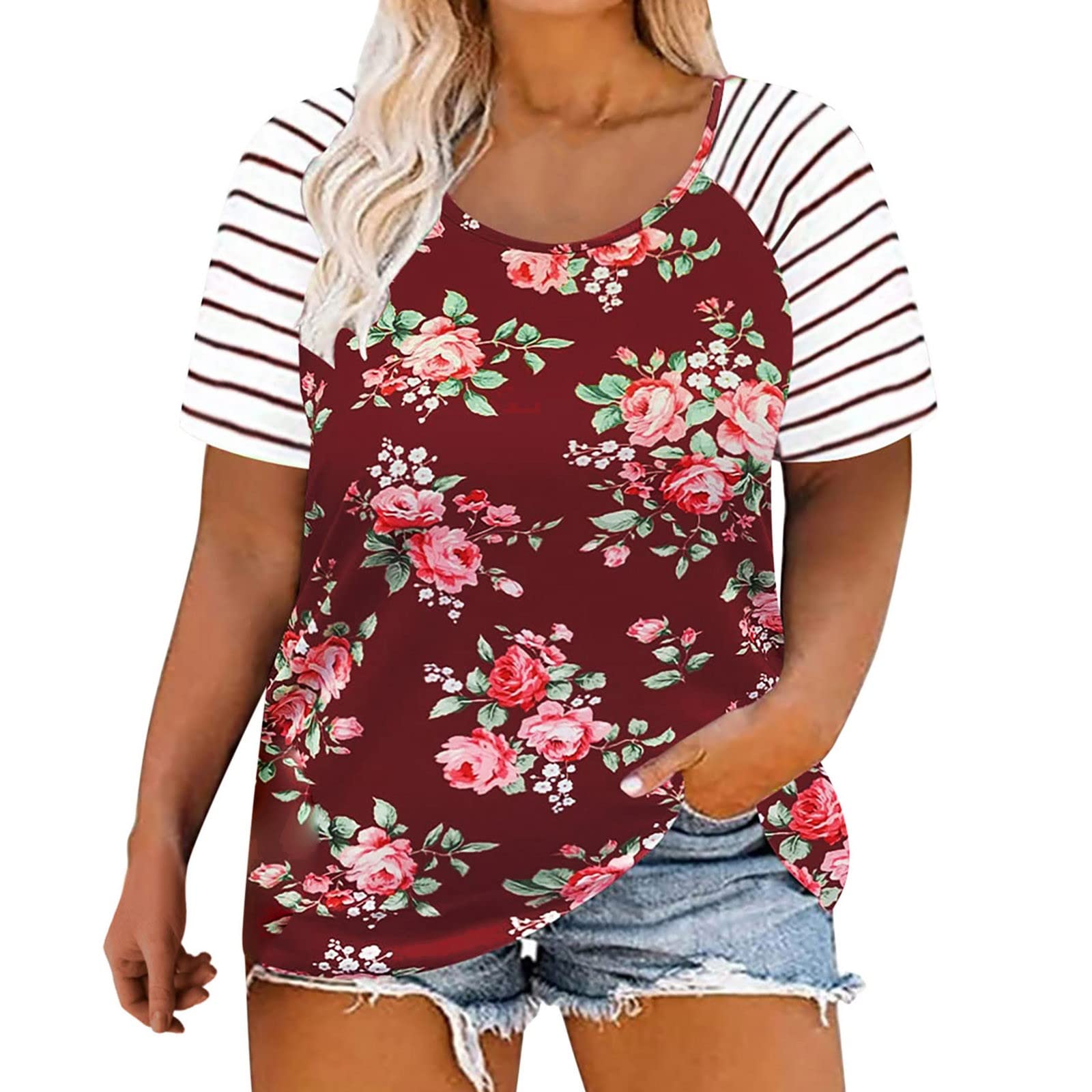 Plus Size Women's Short Sleeve Striped Stitching Tunic Tops - 3X Boutique Tops for Casual Wear, Work & Summer Outfits