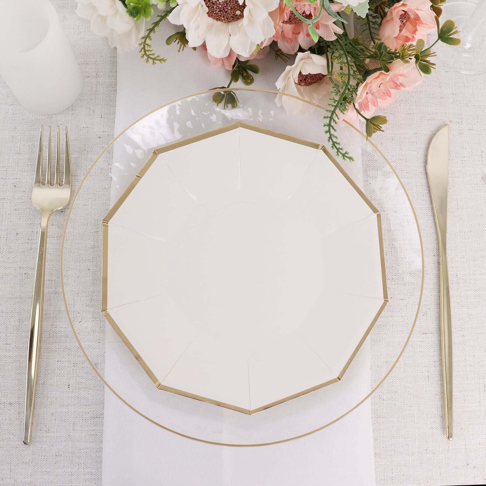 Efavormart 25 Pack 7 Inch Gold Rim White Decagon Dessert Plates, Appetizer Plates & Salad Plates - 300 GSM Heavy Duty Paper Plates for Parties, Weddings & Special Events