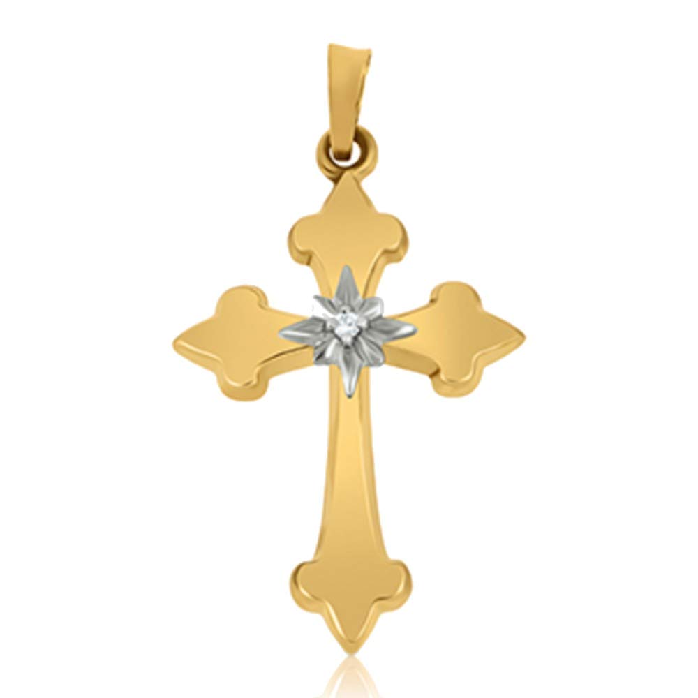 14K Yellow Gold Fleur De Lis Diamond Cross Pendant Necklace for Women & Men - Religious Jewelry Gift (0.01ctw) - Perfect for Baptism, Confirmation & Everyday Faith-Based Fashion