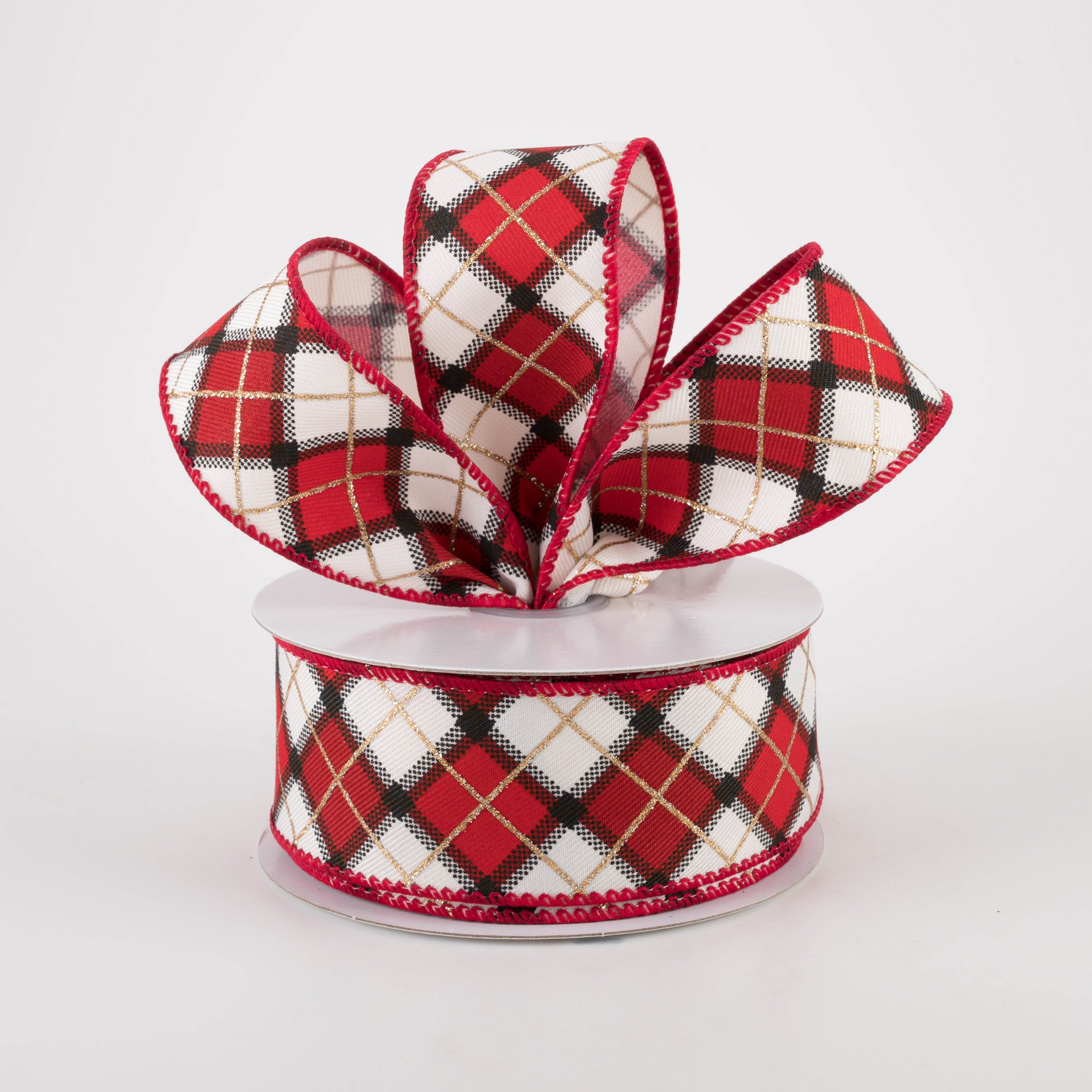 1.5 Inch Claire Plaid Ribbon in Ivory, Red & Black - 10 Yards Bulk Spool for Gift Wrapping, DIY Crafts, Hair Bows & Holiday Decorations