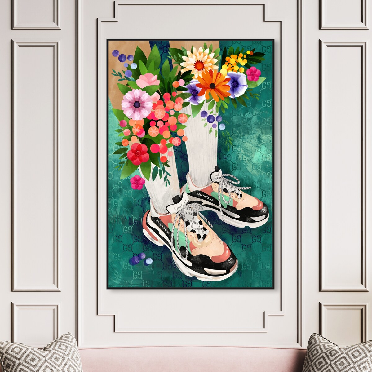 Stylish Floral Sneakers & Socks Set with Modern Green Framed Canvas Wall Art - Perfect for Bedroom Decor & Fashion Outfits