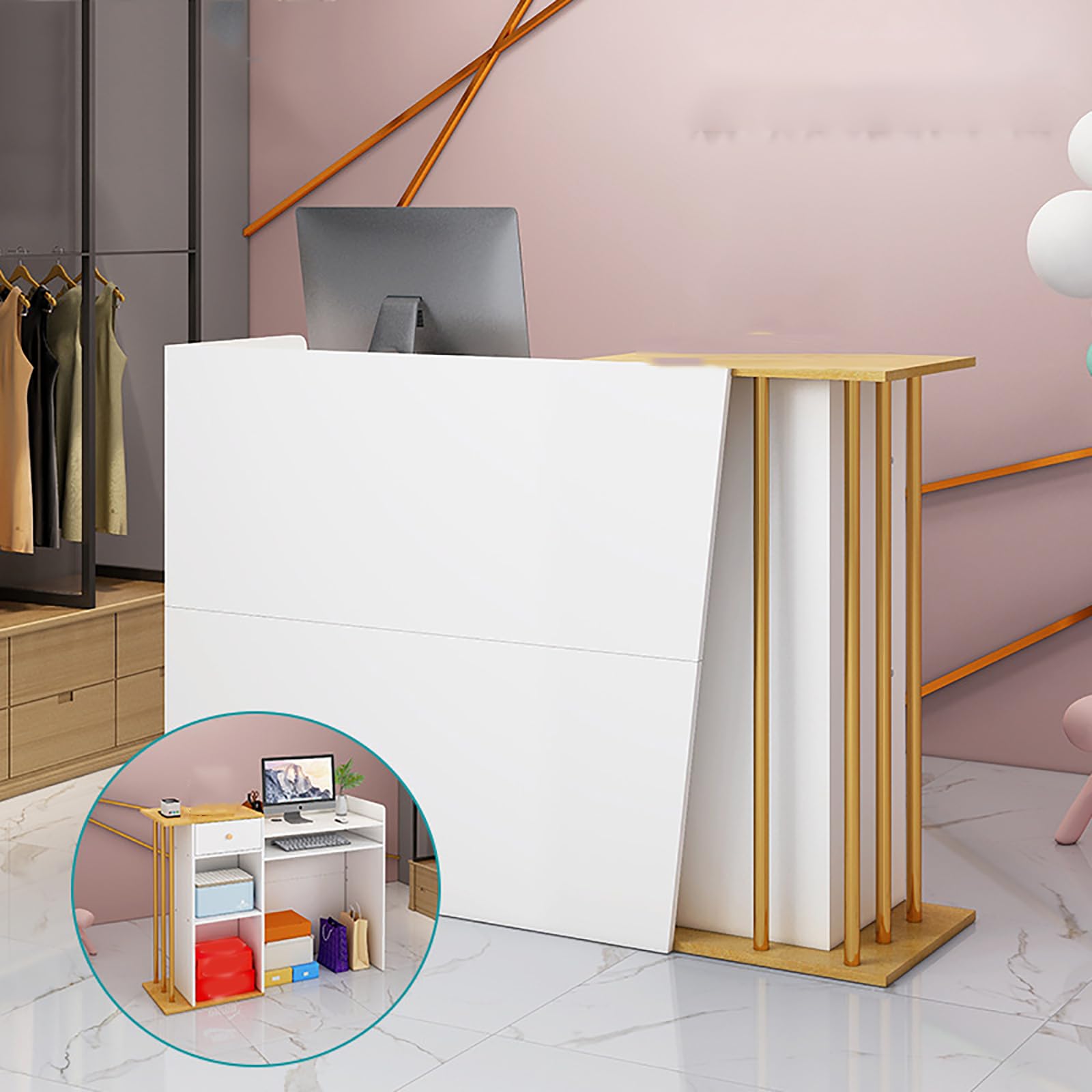 Modern Reception Desk with Counter & Storage - Office Computer Table with Drawers, Shelves & Large Cabinet - Perfect for Lobbies, Salons, Retail Stores & Home Offices (Space-Saving Design)