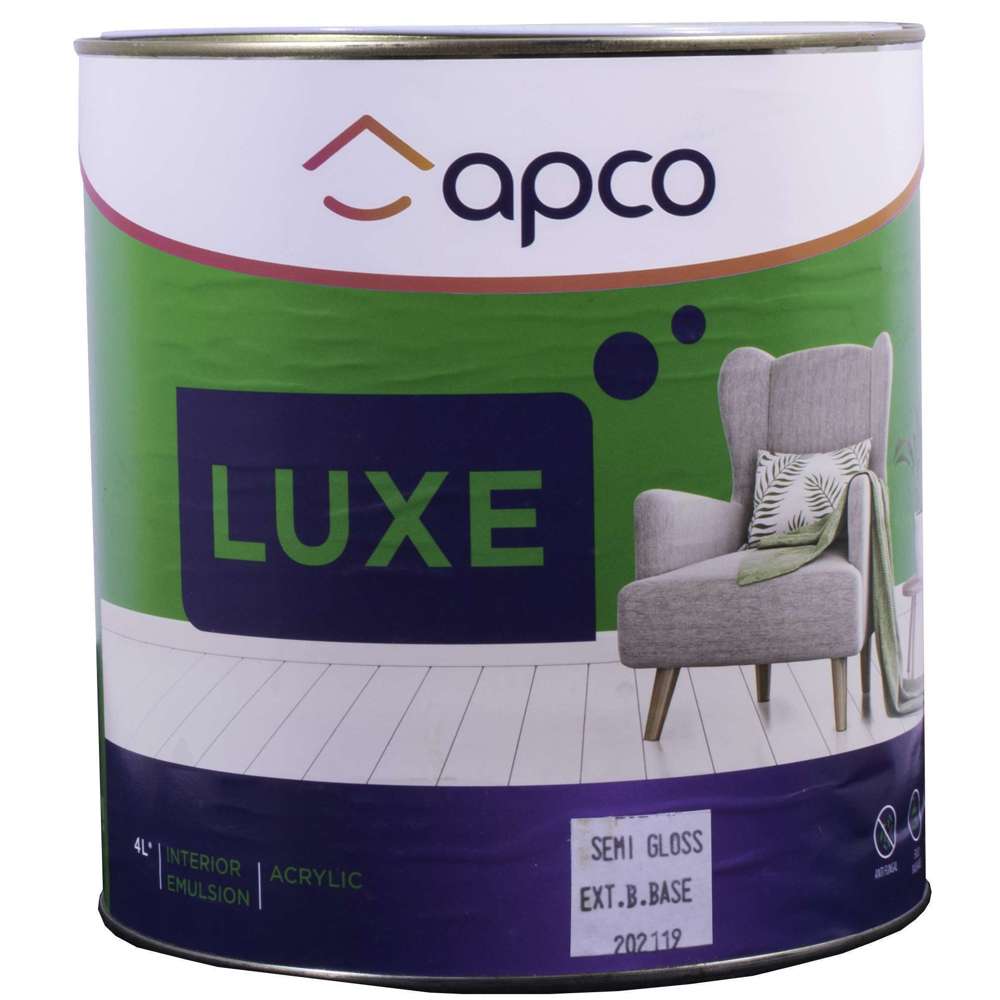 Apco Luxe Semi Gloss Acrylic Extra Bright White Base Paint 4L (1 Gallon) - Premium Interior Wall Paint for Living Room, Bedroom & Kitchen