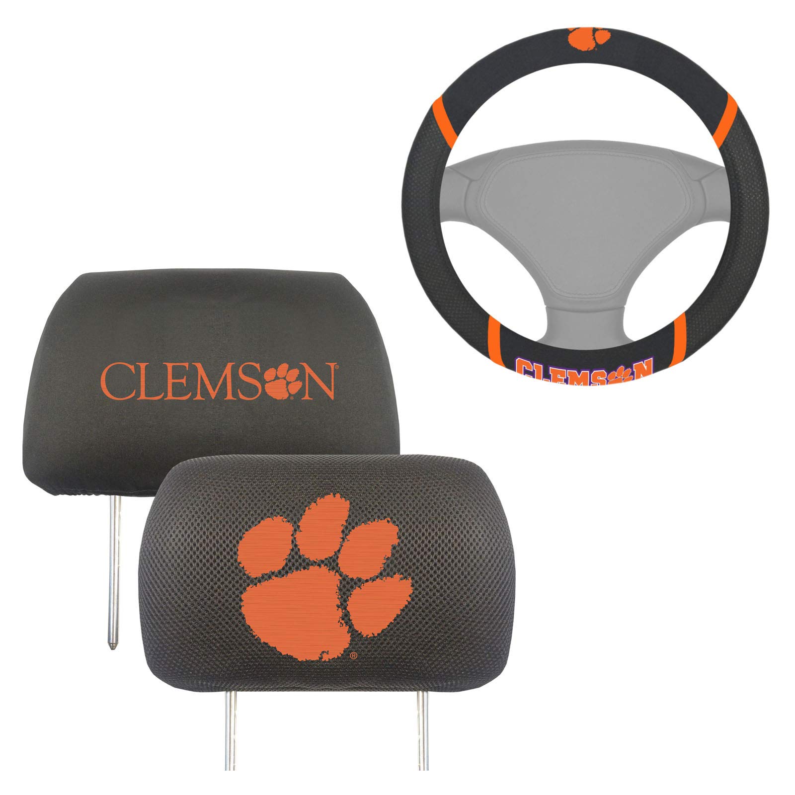 Officially Licensed Clemson Tigers Car Accessories Bundle - NCAA AAC Fanmats Headrest Covers & Steering Wheel Cover (3-Piece Set) | Perfect for Game Day, Tailgating & Showing Team Spirit