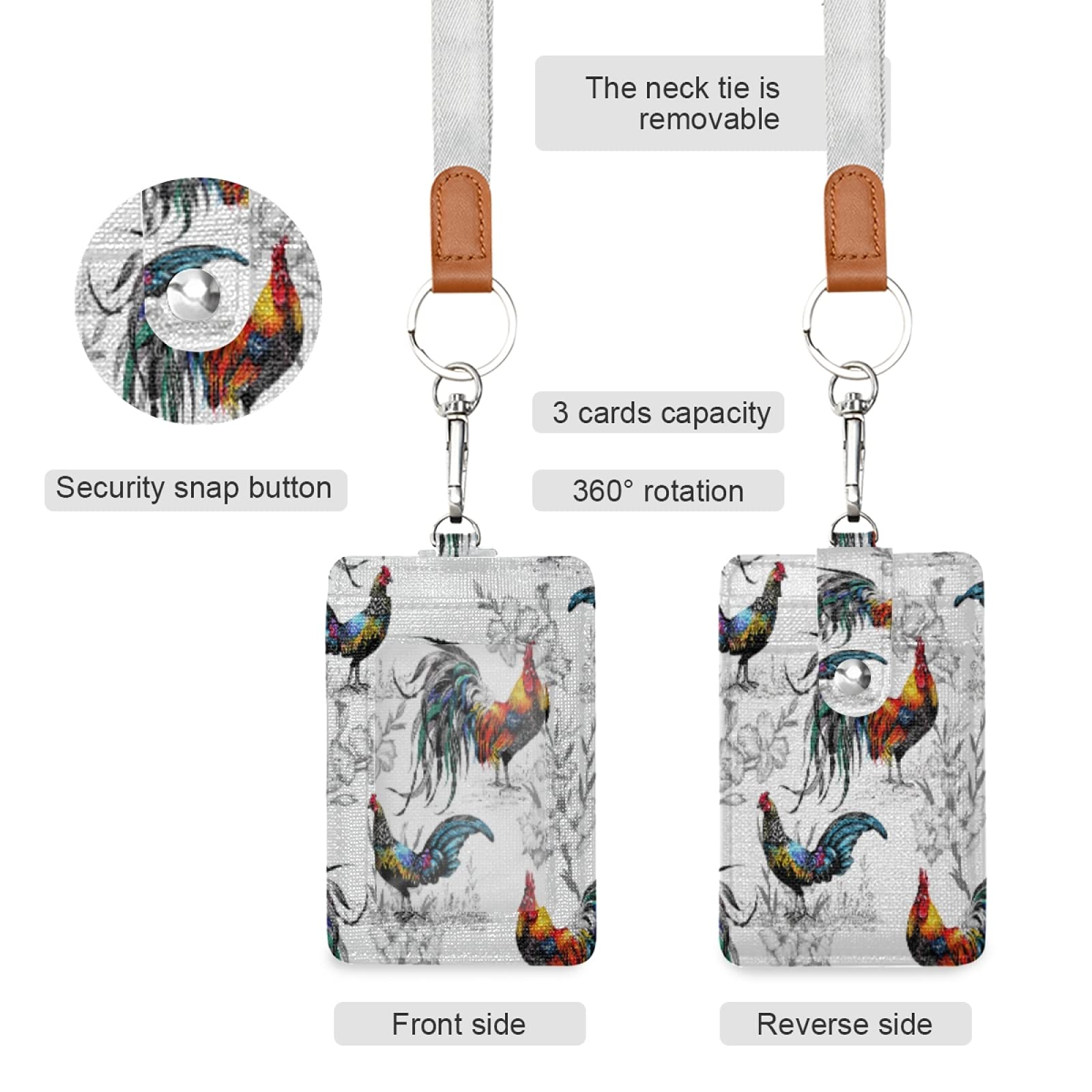 Farm Rooster Animal Badge Holder - PU Leather ID Card Case Wallet with Neck Lanyard & Key Ring - Perfect for Work, School, Events & Security Identification