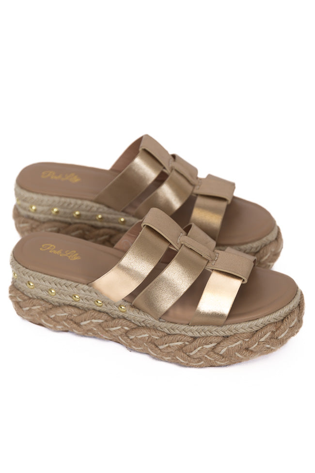 Sidney Gold Distress Slip-On Platform Sandals for Women - Comfortable Summer Beach Wedding Shoes - Final Sale