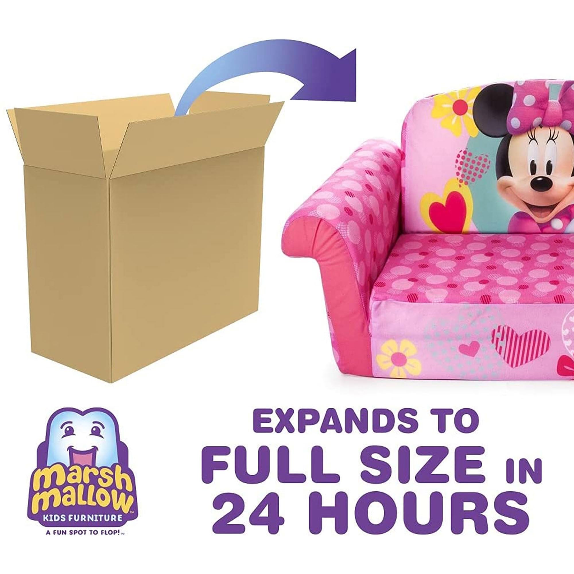 2 in 1 MARSHMALLOW Kids Couch & Sleeper - Extendable Toddler Sofa with Reversible Design for Lounging & Sleeping | Minnie Mouse Theme (2 Pack) - Perfect for Playrooms, Bedrooms & Daycare Centers