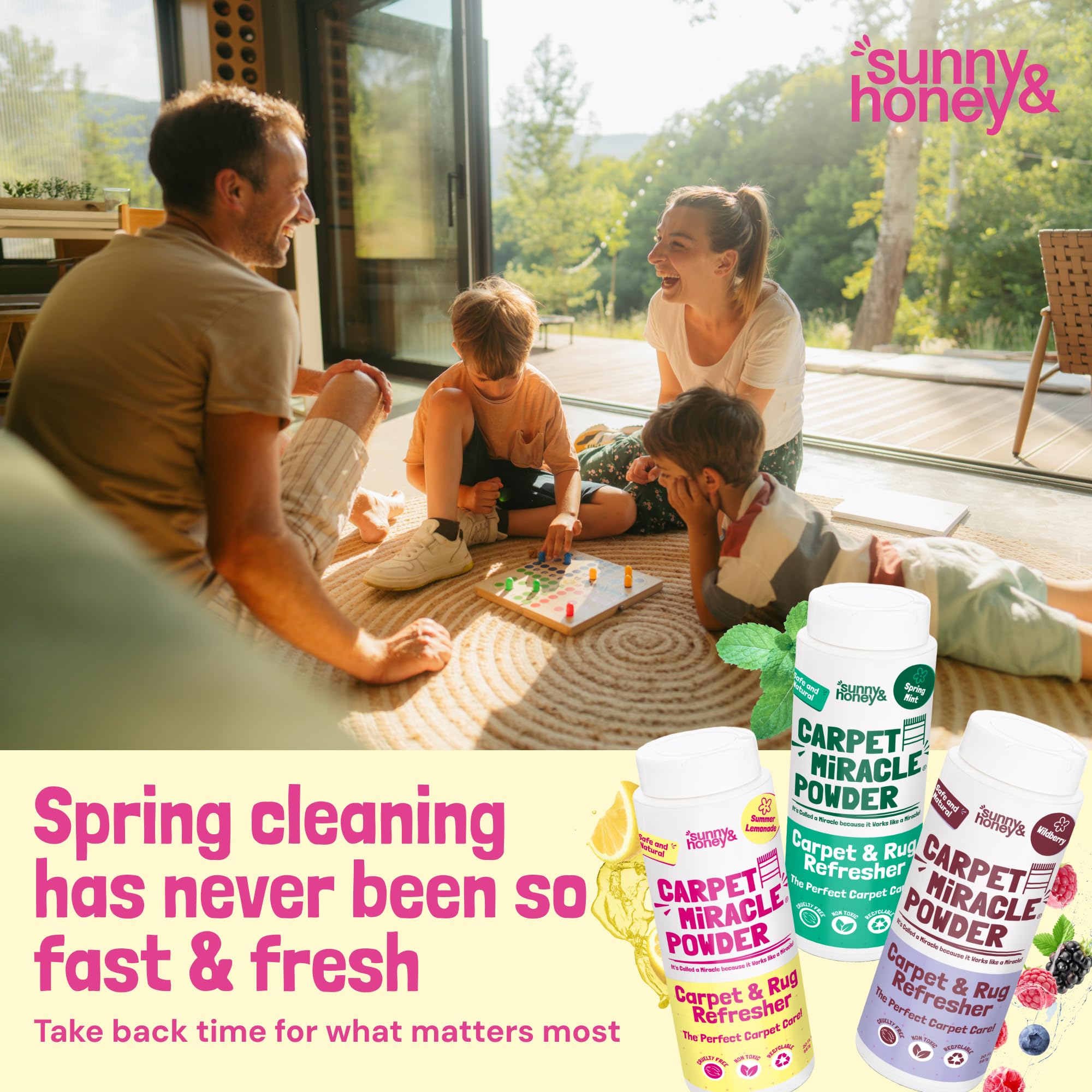 Sunny & Honey Carpet Miracle Powder - 20 oz Lemon Scented Dry Carpet Cleaner for Kids & Pets | Pet Safe Carpet Deodorizer & Freshener | Removes Odors from Carpets, Rugs & Upholstery | Perfect for Homes with Children & Pets