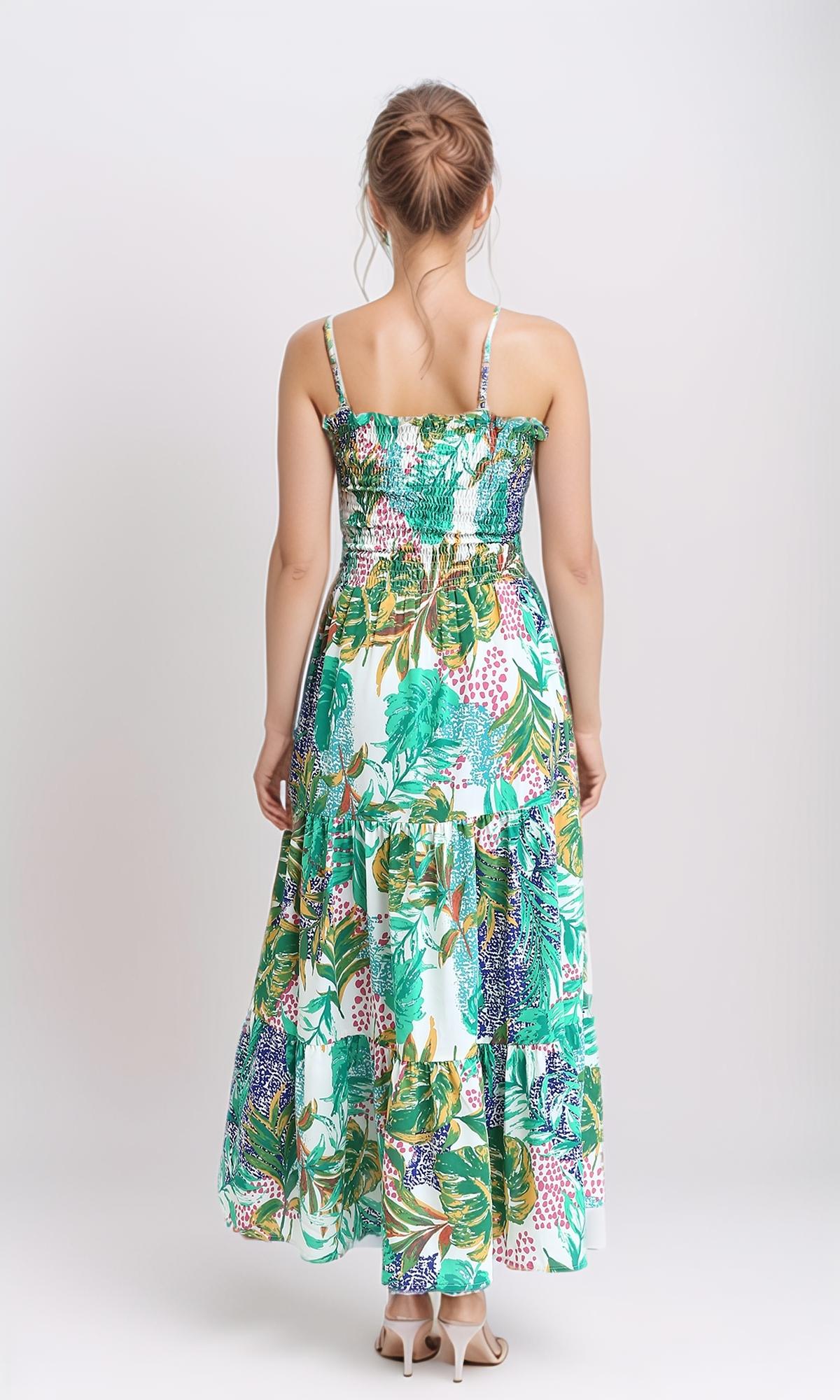Square Neck Spaghetti Strap Dress for Women - Green Summer Flowy Midi Dress - Perfect for Beach, Vacation & Date Night