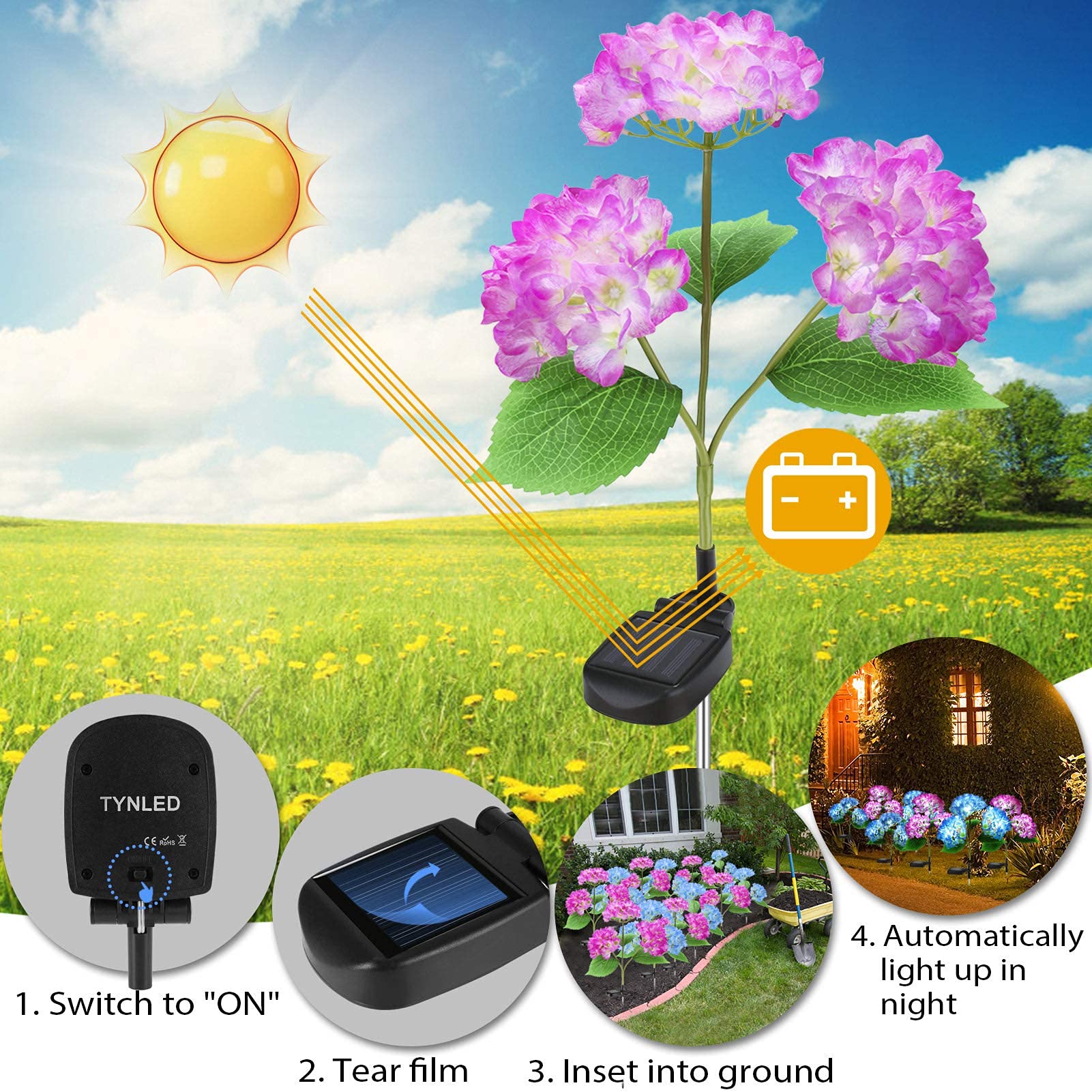 TYNLED 2 Pack Solar Powered Outdoor Hydrangea Garden Stake Lights - Waterproof Realistic LED Flower Lights for Lawn, Patio, Backyard & Pathway Decor (Purple) | Perfect for Evening Garden Ambiance & Landscape Lighting