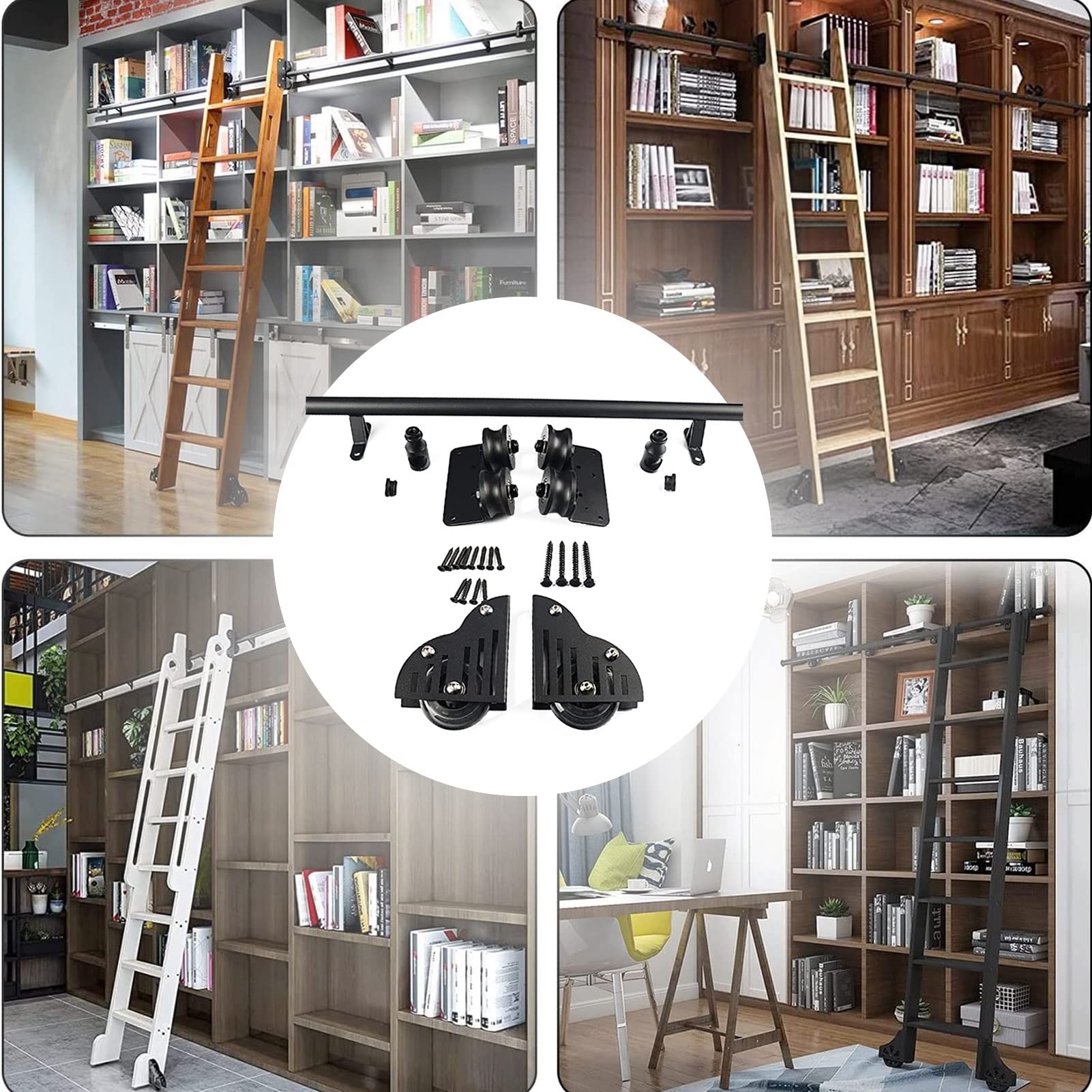 Black Forged Iron Roller Wheel & Round Tube Mobile Track Hardware Kit for Rolling Ladder - Complete Rail Adjustment Set (Ladder Not Included) - Perfect for Library, Loft, Home & Indoor Use